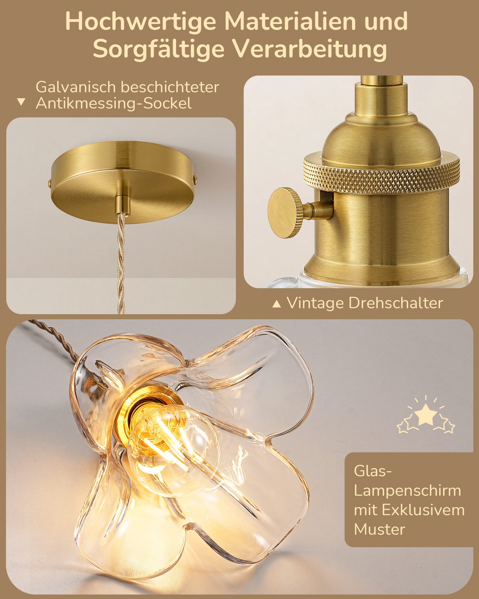 EDISHINE Pendelleuchte Glas, LED wechselbar, warmweiß, 1,5 m höhenverstellbares Hanfseil, für Kücheninsel, Esstisch und Flur