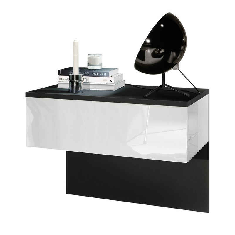 Vladon Nachttisch Sleep (Nachttischschrank, mit Schublade zur Wandmontage), Schwarz matt/Weiß Hochglanz (60 x 46 x 35 cm)