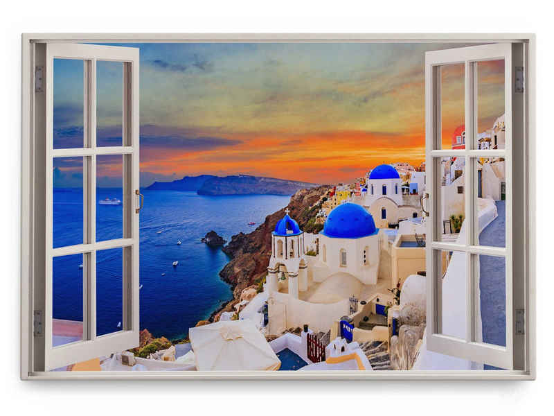 Sinus Art Leinwandbild Wandbild 120x80cm Fensterbild Santorini Griechenland Insel Meer Abendr, (1 St)