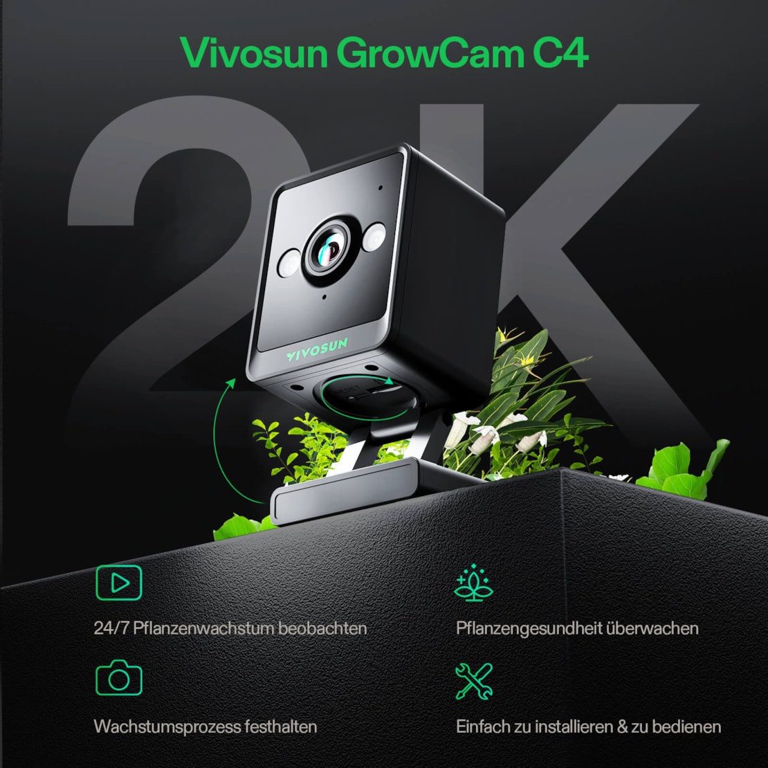 VIVOSUN Überwachungskamera VIVOSUN GrowCam C4 2K-QHD WLAN-Smart-Kamera mit App-Steuerung (Innenbereich, Growzelt, Smart Growbox, 1-tlg., Zeitraffer-Funktion und Nachtsichtmodus)