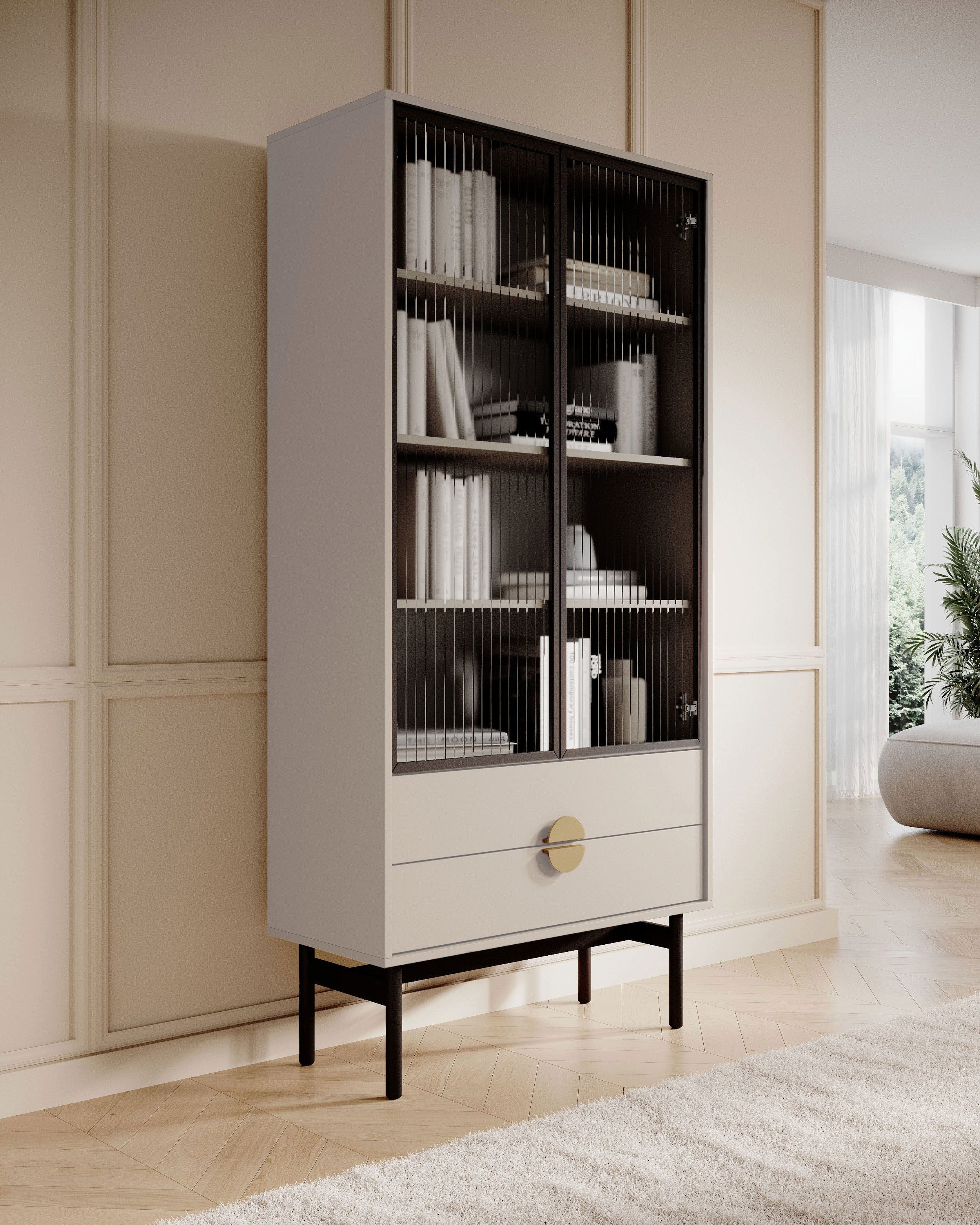 Selsey Standvitrine STOON II Elegante hohe Vitrine in Taupe mit 4 Fächern und 2 Schubladen.