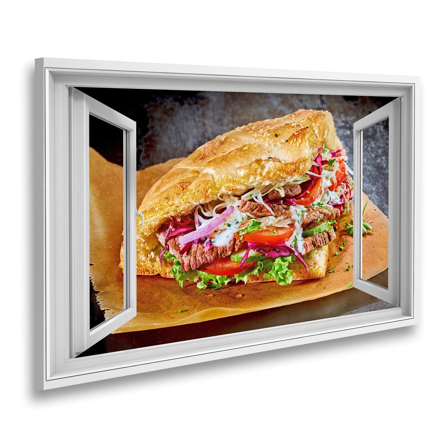 Leinwandbild Fensterblick Türkischer Döner Kebab auf goldgeröstetem Pita Brot gefül