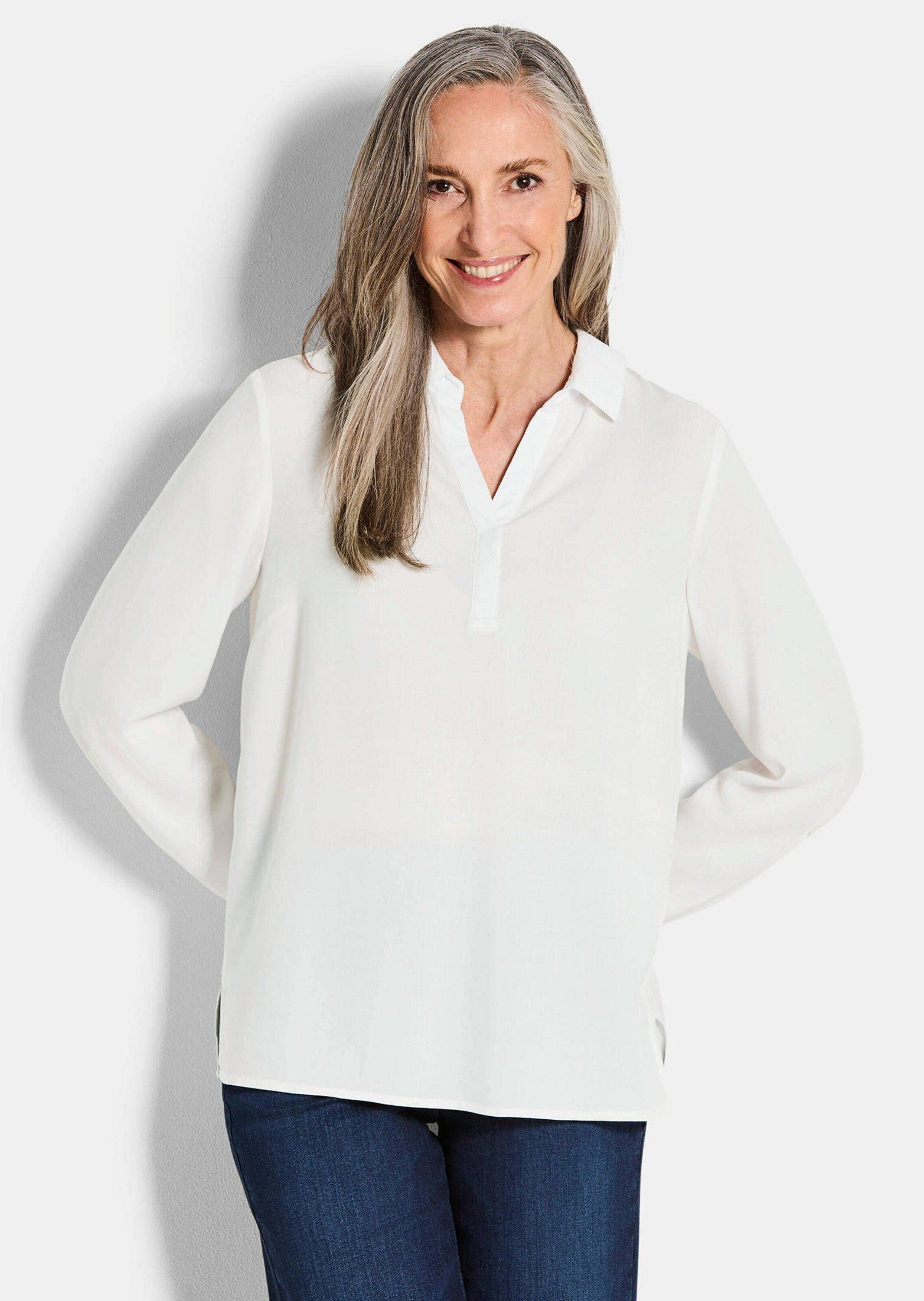 GOLDNER Klassische Bluse Zeitlose Viskosebluse mit Hemdkragen Fließende Hemdbluse mit Schlitzblende und Langarm
