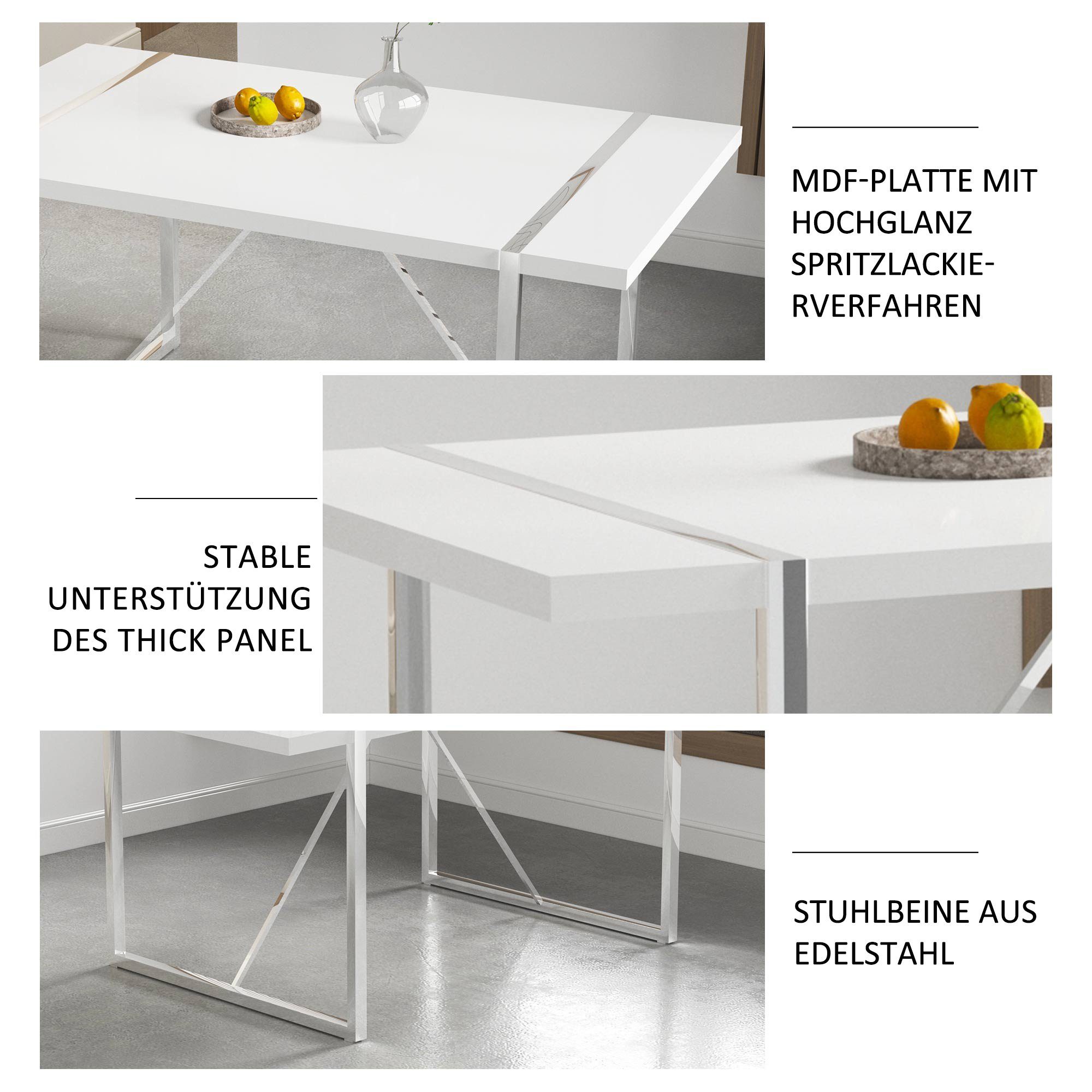 Esszimmer-Set Creme 4 Odikalo Glänzend mehrere Rechteckig Edelstahlbeinen Tisch Set Stühlen Farben