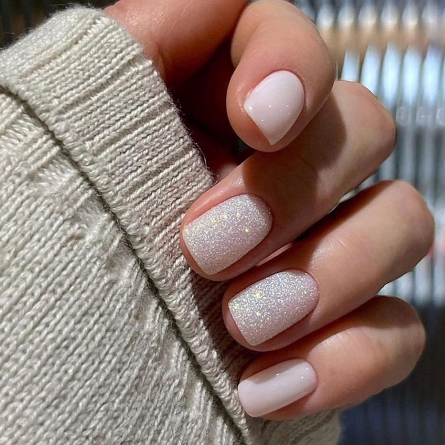 LuxusKollektion Kunstfingernägel 24 Stück Milky Einfarbig Eckig Nägel Aufkleben, Weiß Glitzer Glossy