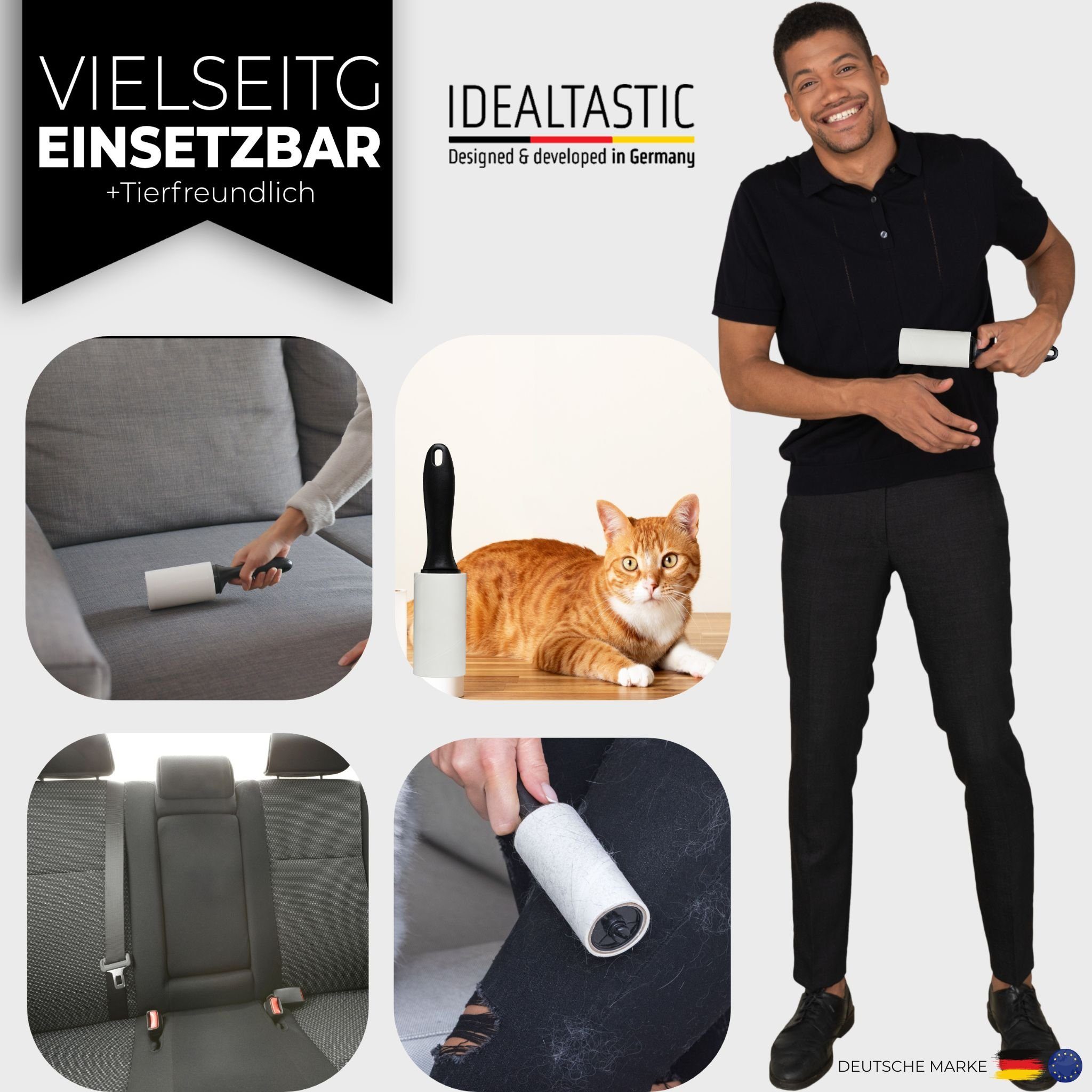 IDEALTASTIC Fusselroller Fusselrolle Tierhaare & Kleidung im Vorteilspack Fusselentferner, 2x Griff & 5x100 Blatt, INKL. 2X STAUBSCHUTZKAPPE
