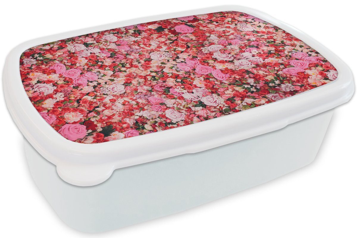 MuchoWow Lunchbox Blumen für weiß Jungs für Farben Rosen, Mädchen Erwachsene, und Kinder - (2-tlg), Kunststoff, Brotdose, Brotbox und 
