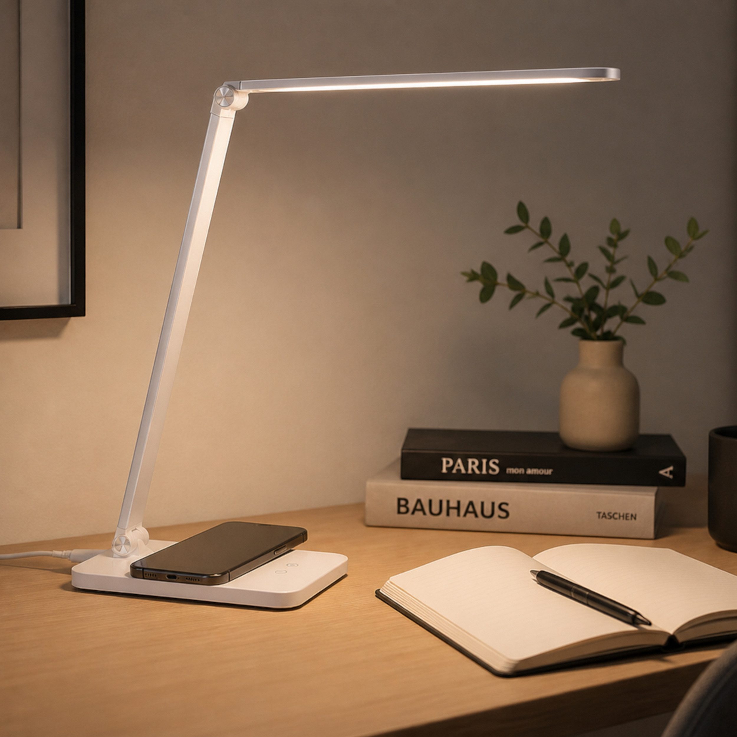 Lightbox Tischleuchte, LED fest integriert, warmweiß - kaltweiß, LED-Tischlampe, wireless charging, 3-Stufen-Dimmer, USB, CCT, weiß