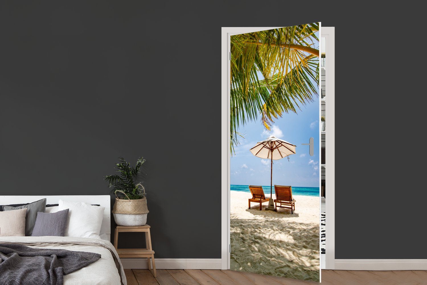 Tür, Türtapete Sonnenschirm, bedruckt, cm Türaufkleber, - Strand Matt, MuchoWow für Strandkorb - 75x205 Fototapete St), (1