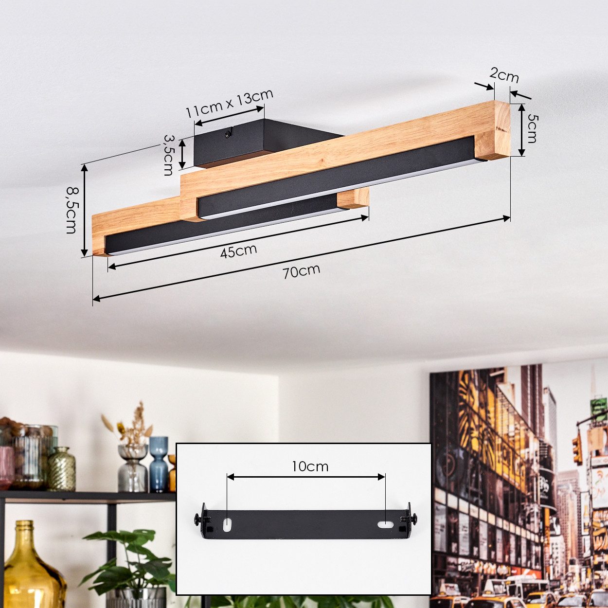 hofstein Deckenleuchte Deckenlampe aus Metall/Holz/Kunststoff in Schwarz/Naturfarben/Weiß, LED wechselbar, 774 Kelvin, skandinavisches Design, Länge 70 cm, 12 W – Bild 4 von 5