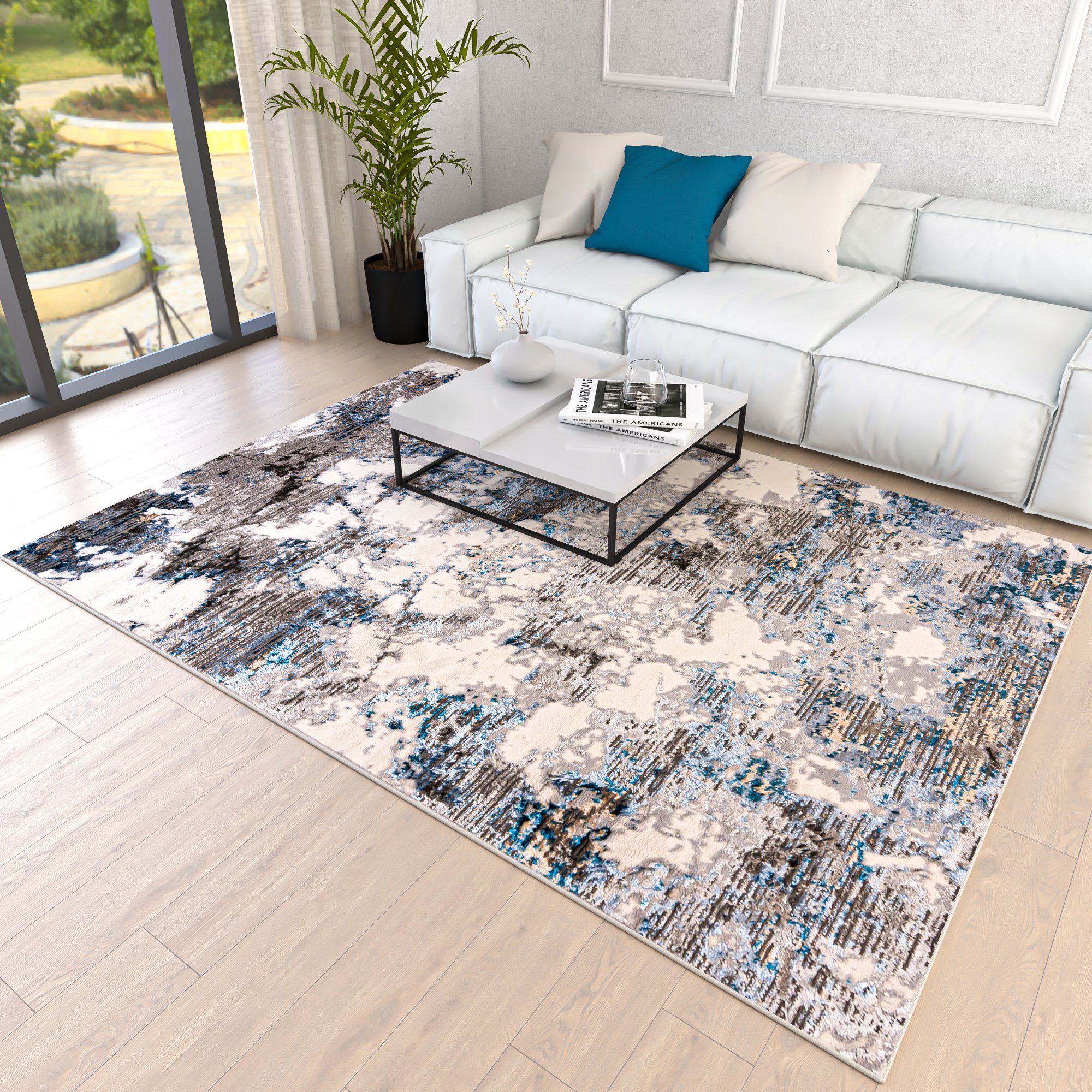 Designteppich Modern Teppich für Wohnzimmer - Abstrakt Muster, Beige Blau Grau, Mazovia, 80 x 150 cm, Abstrakt, Modern, Höhe 8 mm, Kurzflor - niedrige Florhöhe