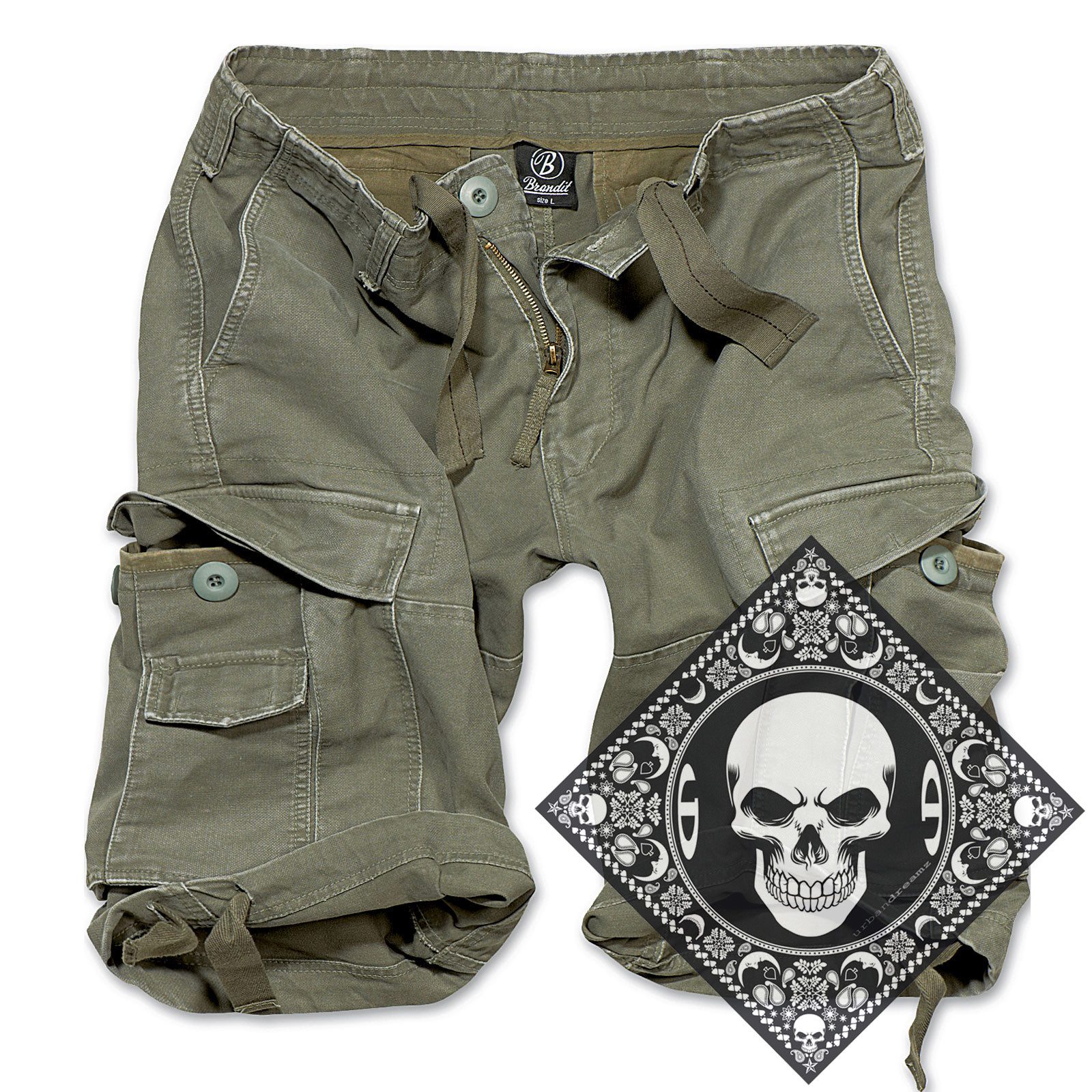 Brandit Cargoshorts Cargo Shorts Robuste kurze Hose schwere Qualität (mit Urbandreamz Bandana) knielang, Sommer Hose, Unifarben, Camouflage, Bermuda