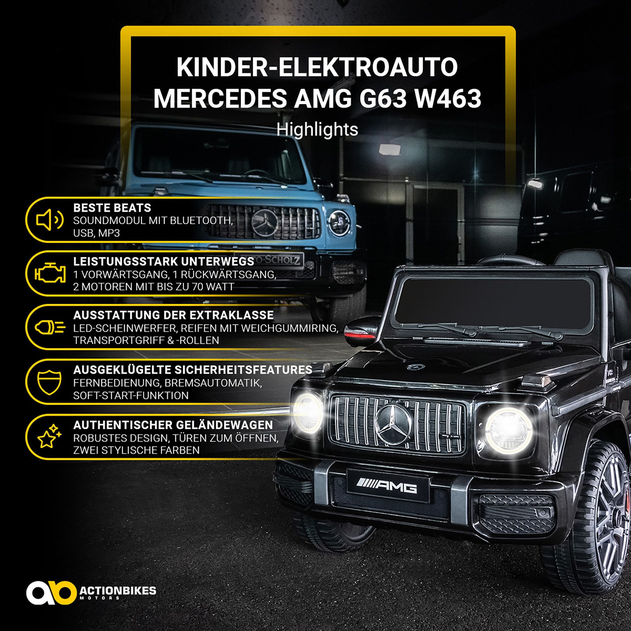 Actionbikes Motors Elektro-Kinderauto Mercedes Benz AMG G63 Kinder Elektro Auto ab 3 Jahre, Soft-Start - Stoßdämpfer - m. Fernbedienung - Bremsautomatik