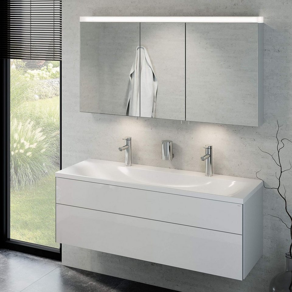 Unterschrank, weiß-hochglanz, Badmöbel-Set Spiegelschrank), (3 Waschbecken, Badmöbel Royal Set Beleuchtung, Badezimmerspiegelschrank Reflex, - Keuco LED mit teilig, cm 130