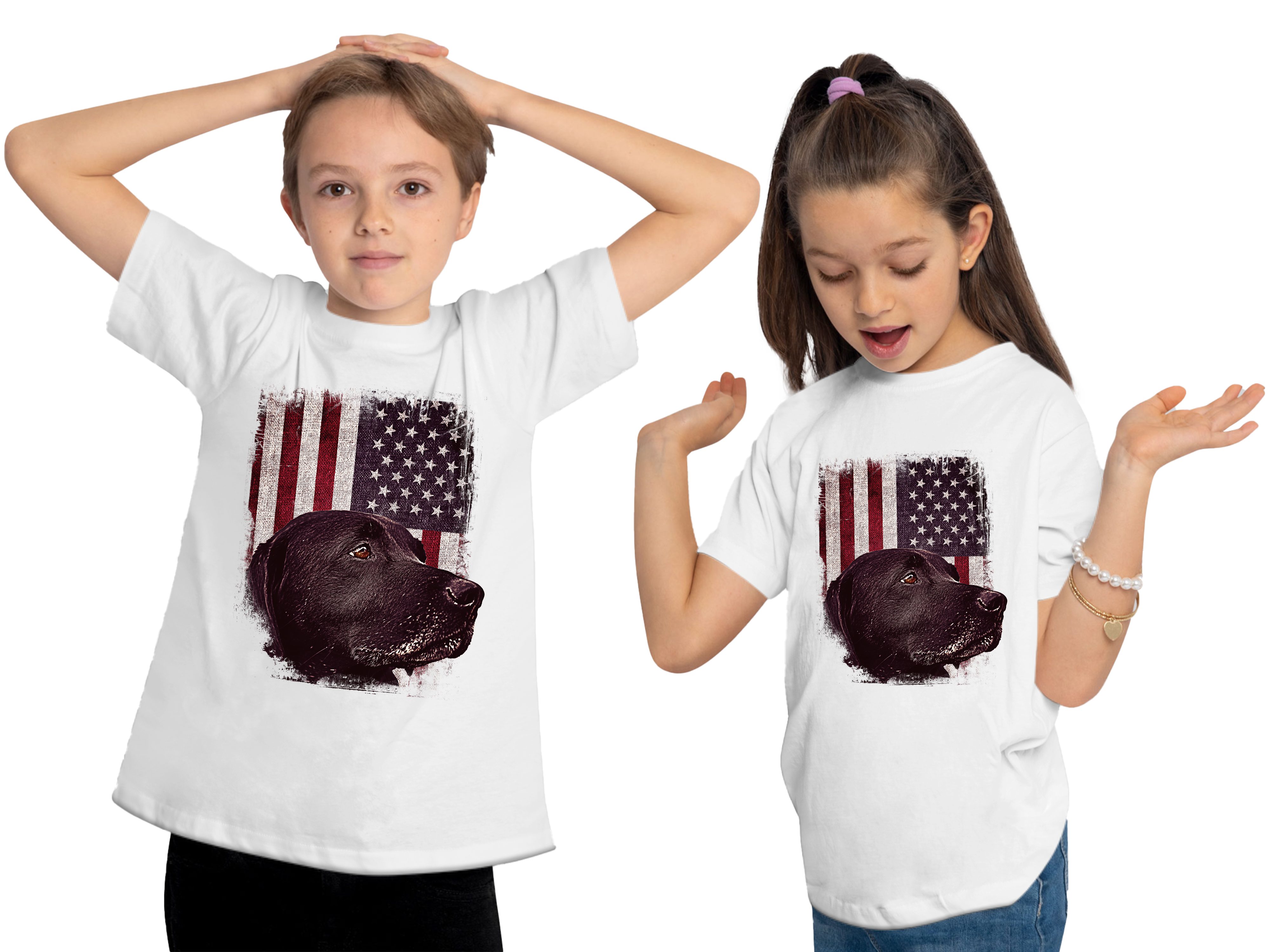 MyDesign24 USA T-Shirt Shirt Kinder bedruckt Labrador weiss vor Print mit i246 schwarzer Aufdruck, Flagge Hunde Baumwollshirt -