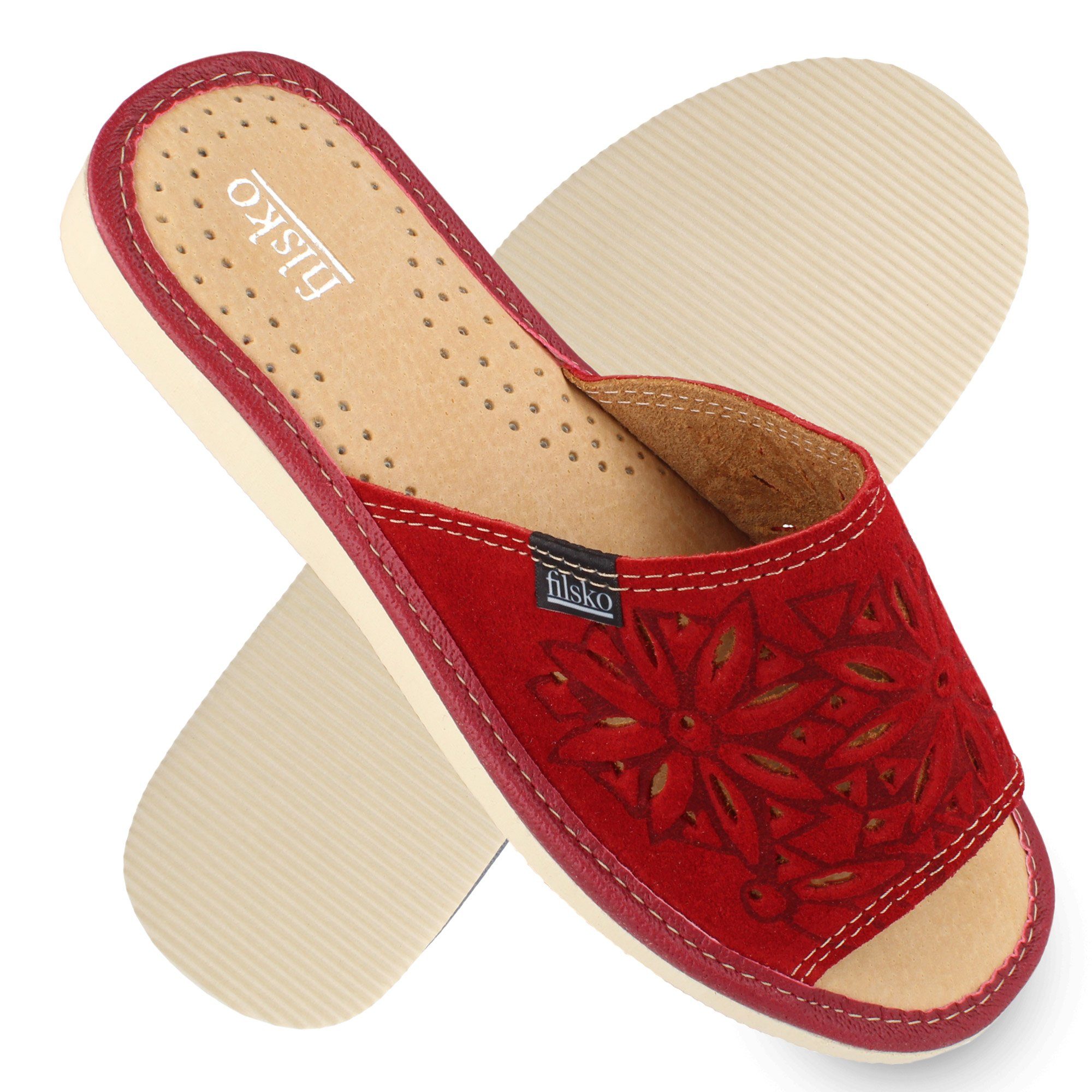 filsko Zafra Damen Hausschuh Veloursleder mit Blumenmuster, offene Pantoletten, Slip-On