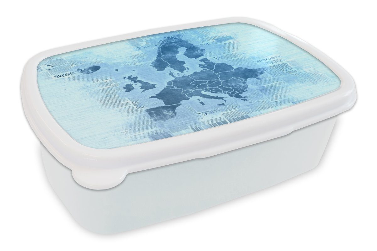 MuchoWow Lunchbox Karte von Europa - Blau - Zeitung, Kunststoff, (2-tlg), Brotbox für Kinder und Erwachsene, Brotdose, für Jungs und Mädchen weiß | Lunchboxen