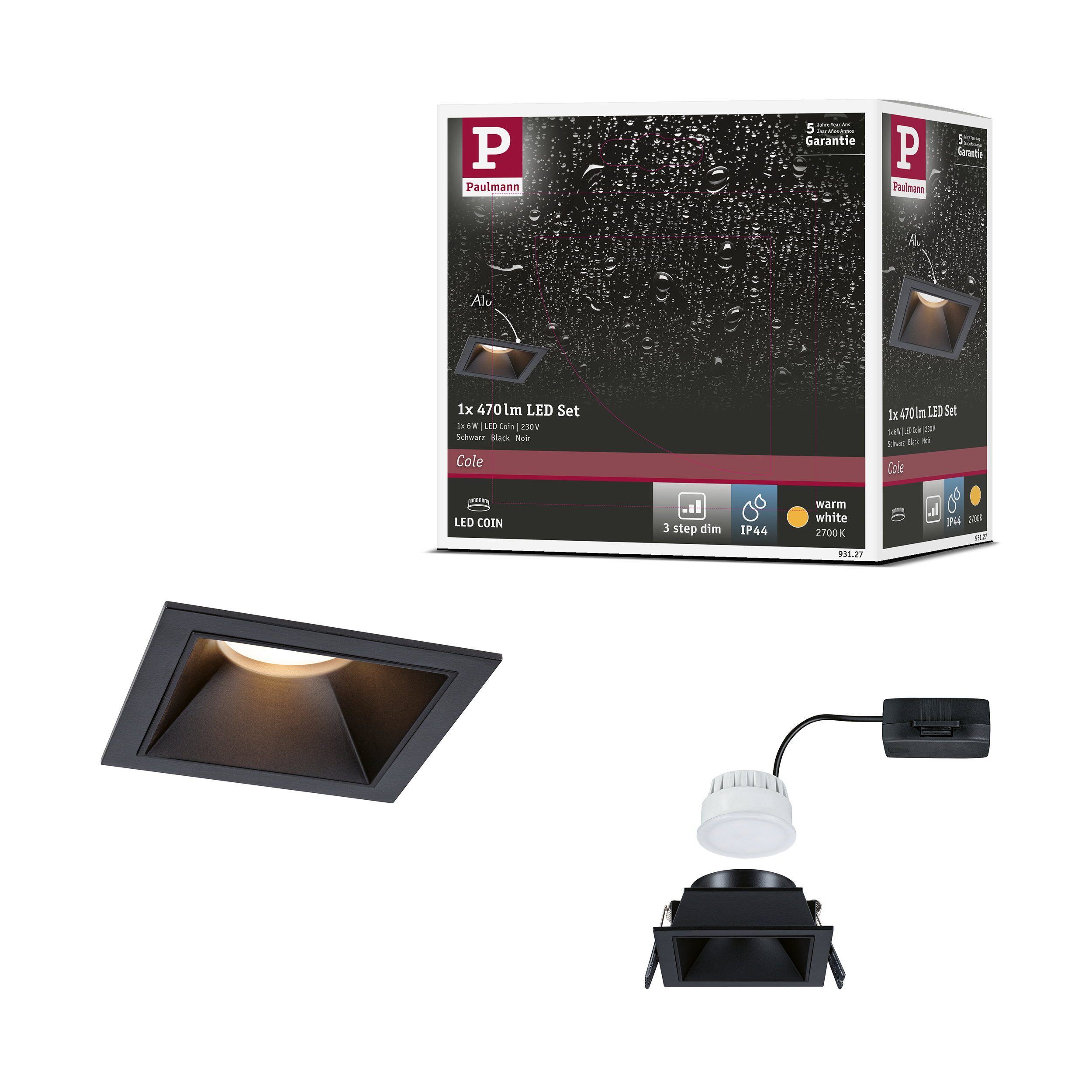 Paulmann LED Einbauleuchte LED Einbauleuchte 3-Step-Dim Cole Coin 1er-Set IP44 eckig 88x88 mm Coi
