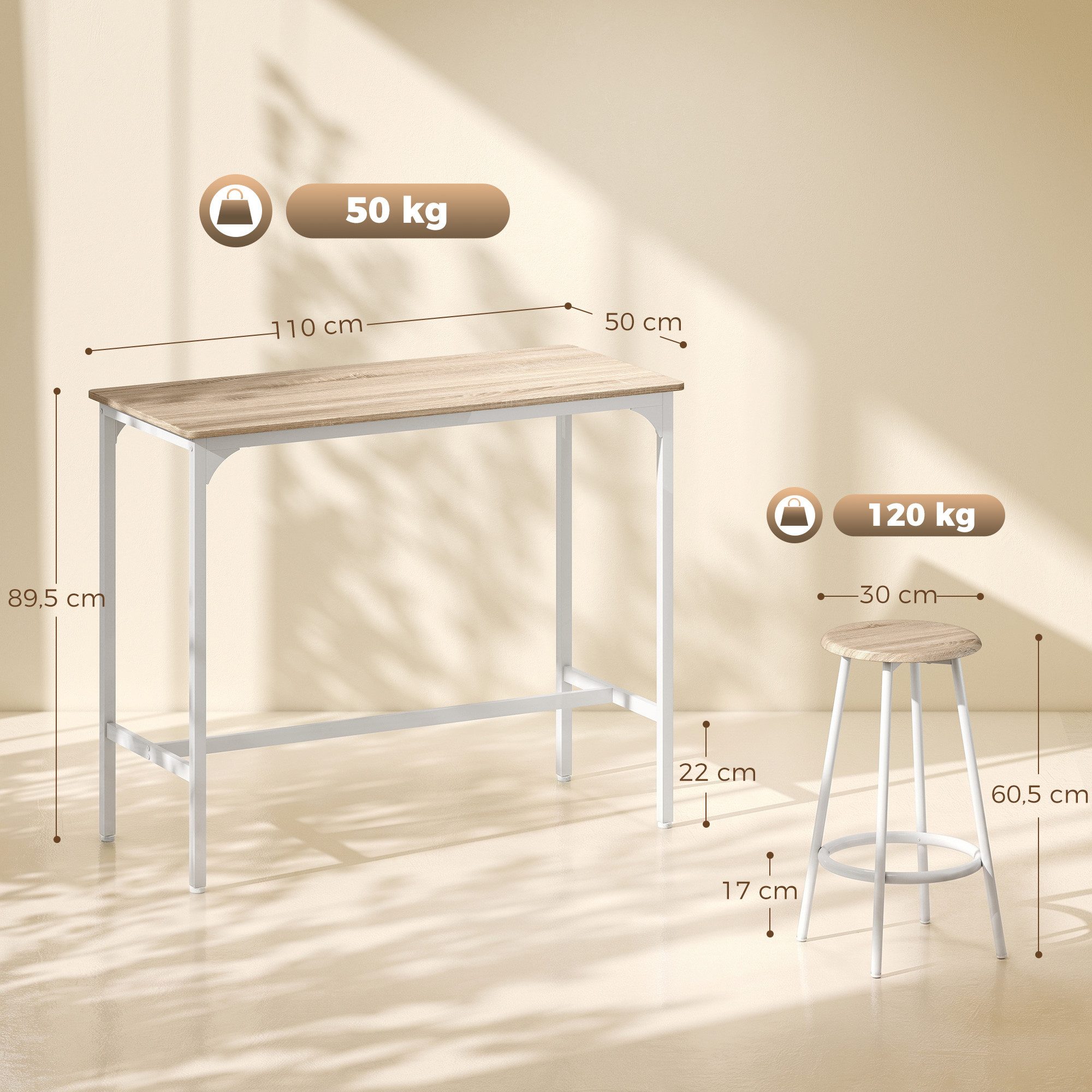 HOMCOM Bargruppe Tresentisch mit Fußstütze, (Set, 1 Tisch, 4 Stühle), Hocker unter Tisch verstaubar – Bild 3 von 5