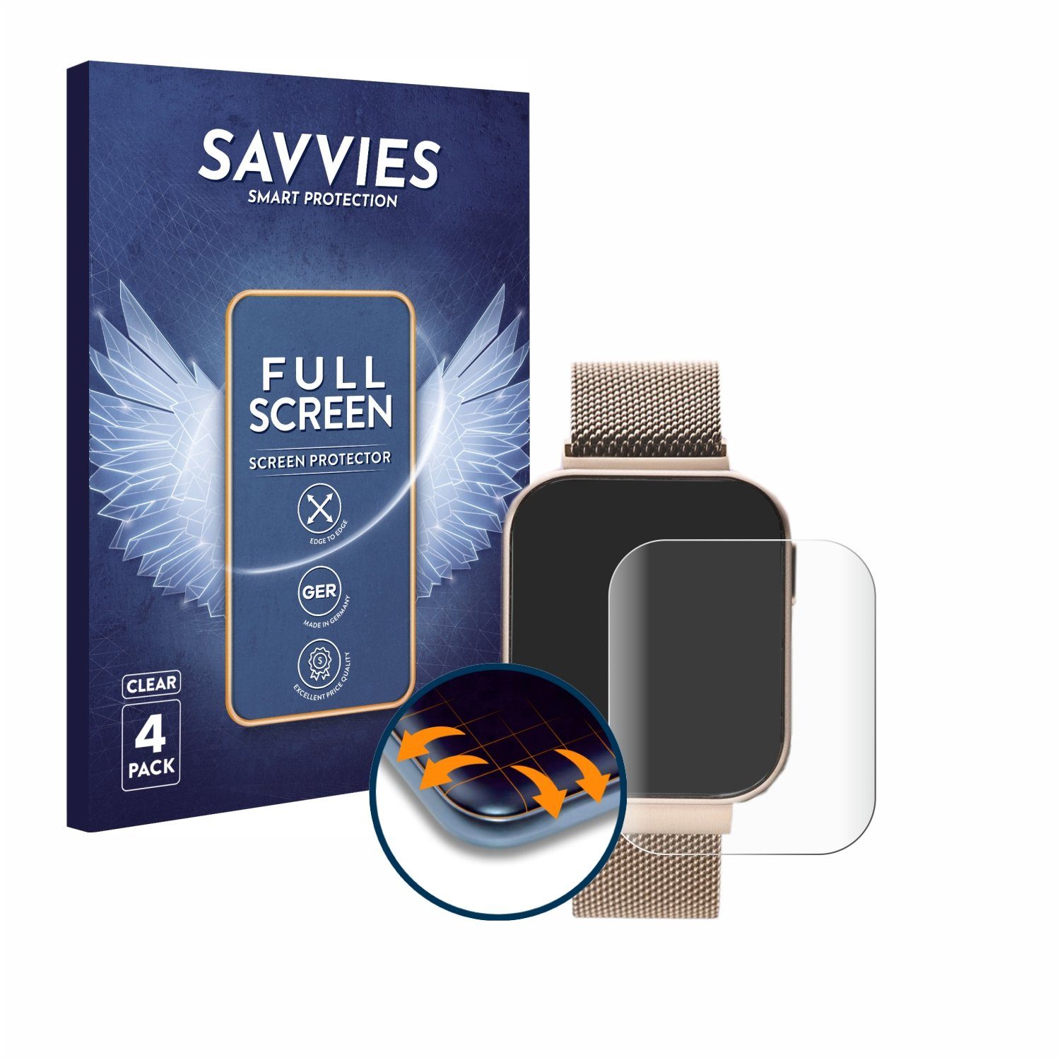 Savvies Full-Cover Schutzfolie für Liu Jo Smartwatch 1.4", Displayschutzfolie, 4 Stück, 3D Curved klar