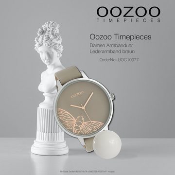 OOZOO Quarzuhr Oozoo Damen Armbanduhr beige, Damenuhr rund, extra groß (ca. 48mm) Lederarmband, Fashion-Style