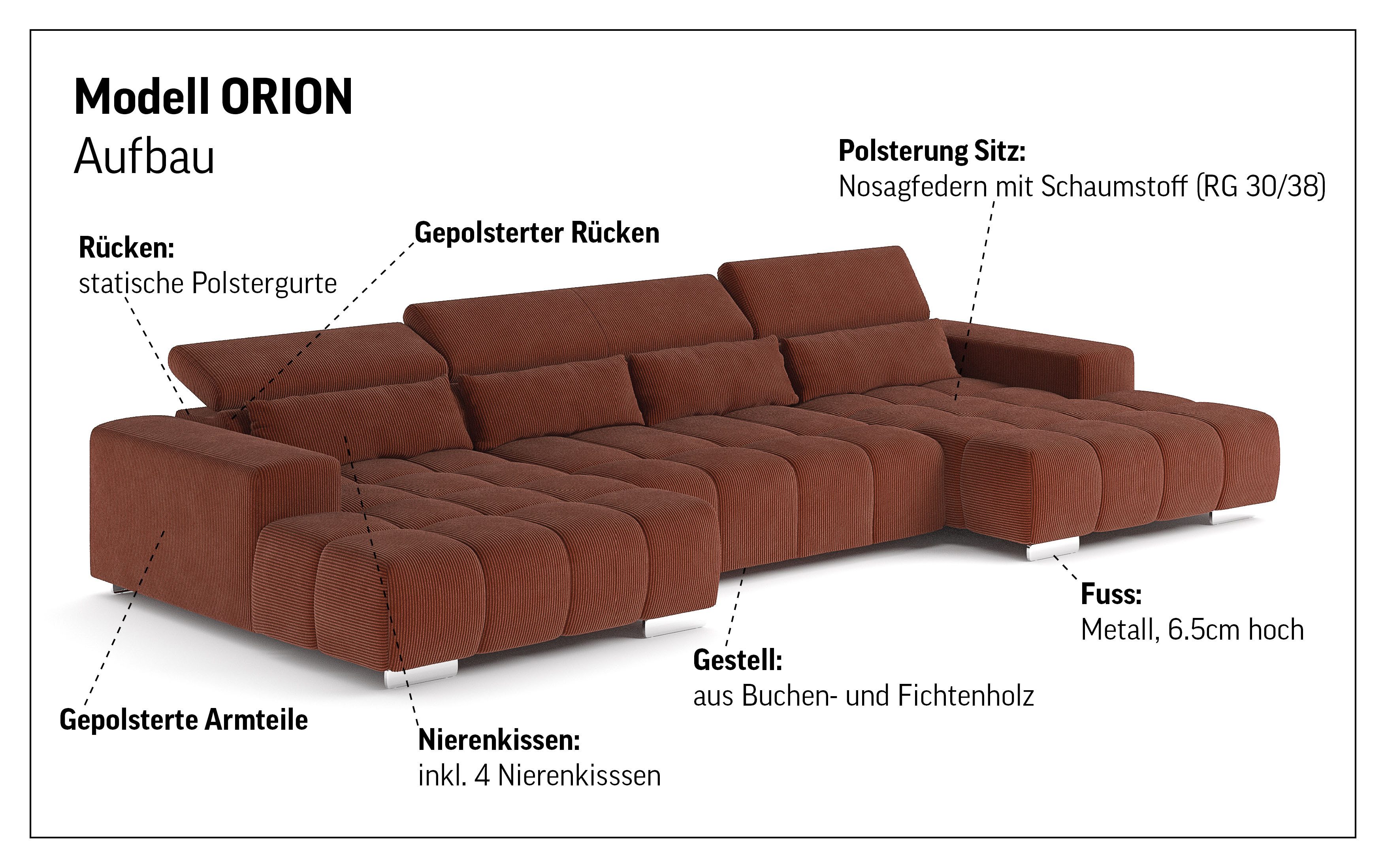 COTTA Wohnlandschaft Orion U-Form, B: 400 cm, Kopfteilverstellung & 4 Kissen, optional elektr. Sitztiefenverstellung