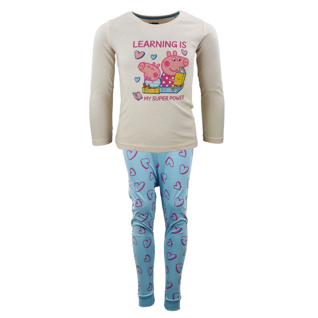 Peppa Pig Schlafanzug Peppa Wutz Mädchen Kinder Pyjama Gr. 92 bis 116, 100% Baumwolle Beige