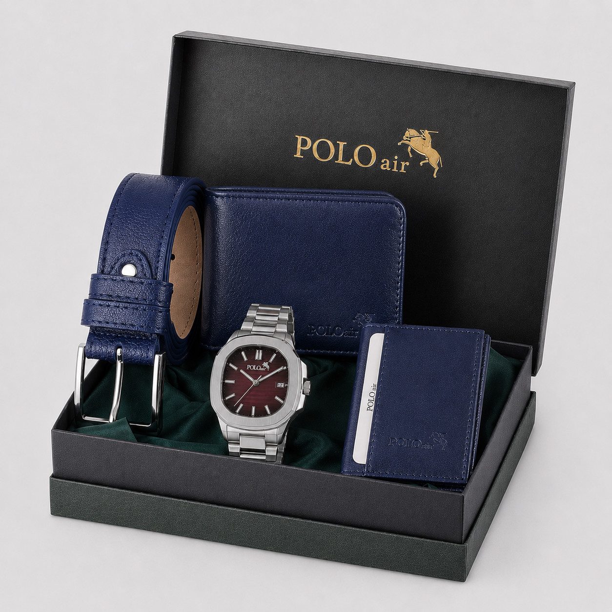 Jungengel Geldbörse Imperial Herren Geschenkset Armbanduhr Kartenetui Geschenkbox (Geschenkset, 5-tlg., 5-teilig: Herrenuhr, Geldbörse, Kartenetui und Gürtel + Geschenkbox), Luxuriöse Geschenkbox, aufeinander abgestimmte Accessoires
