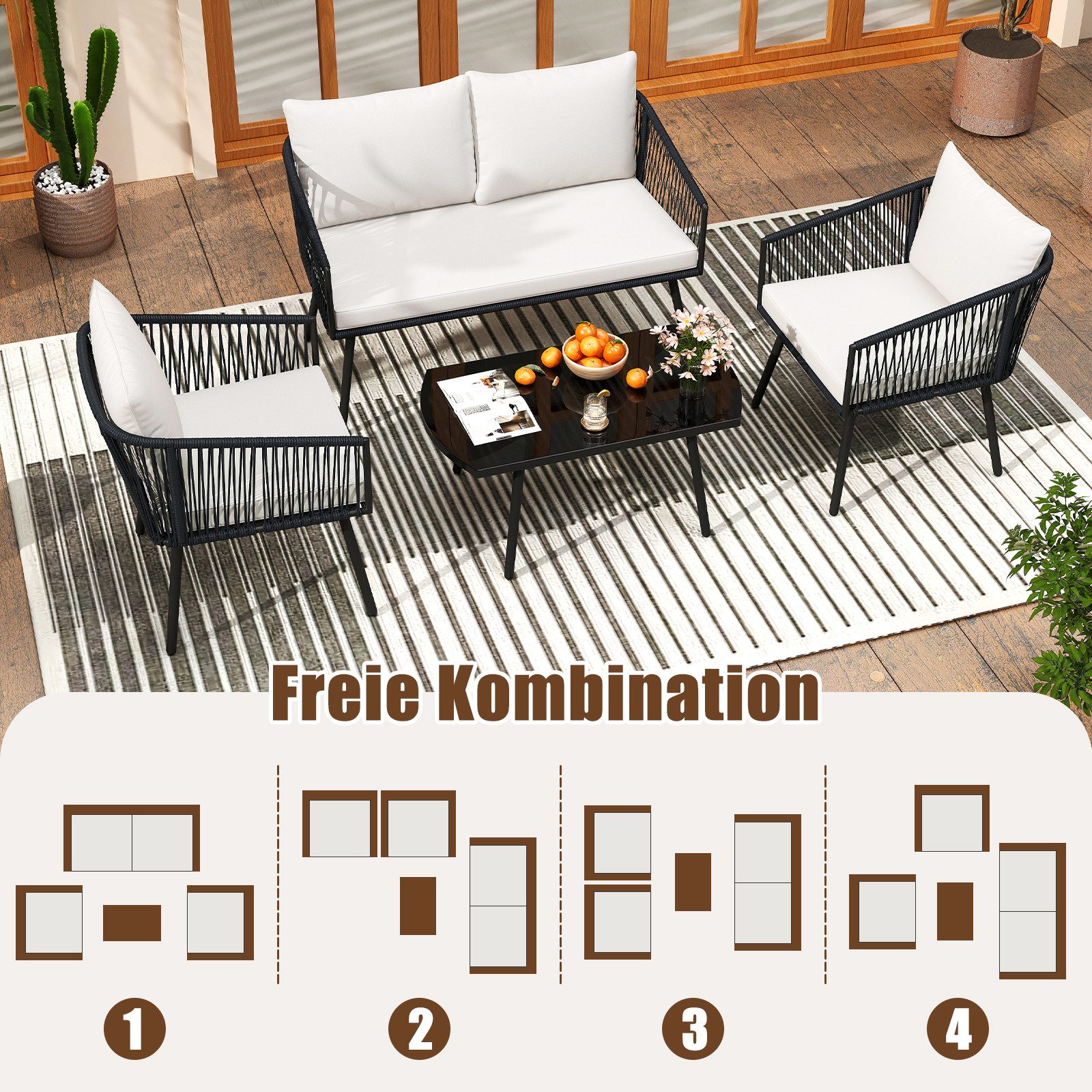 COSTWAY Gartenlounge-Set, (4-tlg), mit Esstisch, Balkonset 4 Personen mit Kissen