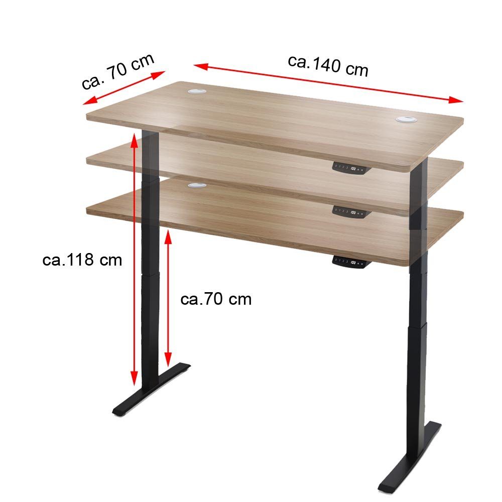 (Set, Memory 70 Weiß Schreibtisch x PROMAFIT mit cm elektrischer 3 Arbeitstisch Funktionen Höhenverstellung 140 & 1-St), Tischplatte