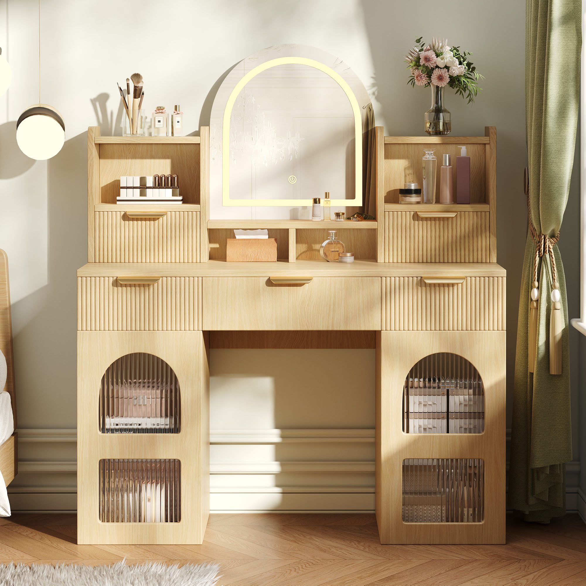 i@home Schminktisch mit LED-Beleuchtung und Spiegel, mit 3 Schubladen & 2 Glas-Schränken, Holzfarben, 120x40x139.5 cm