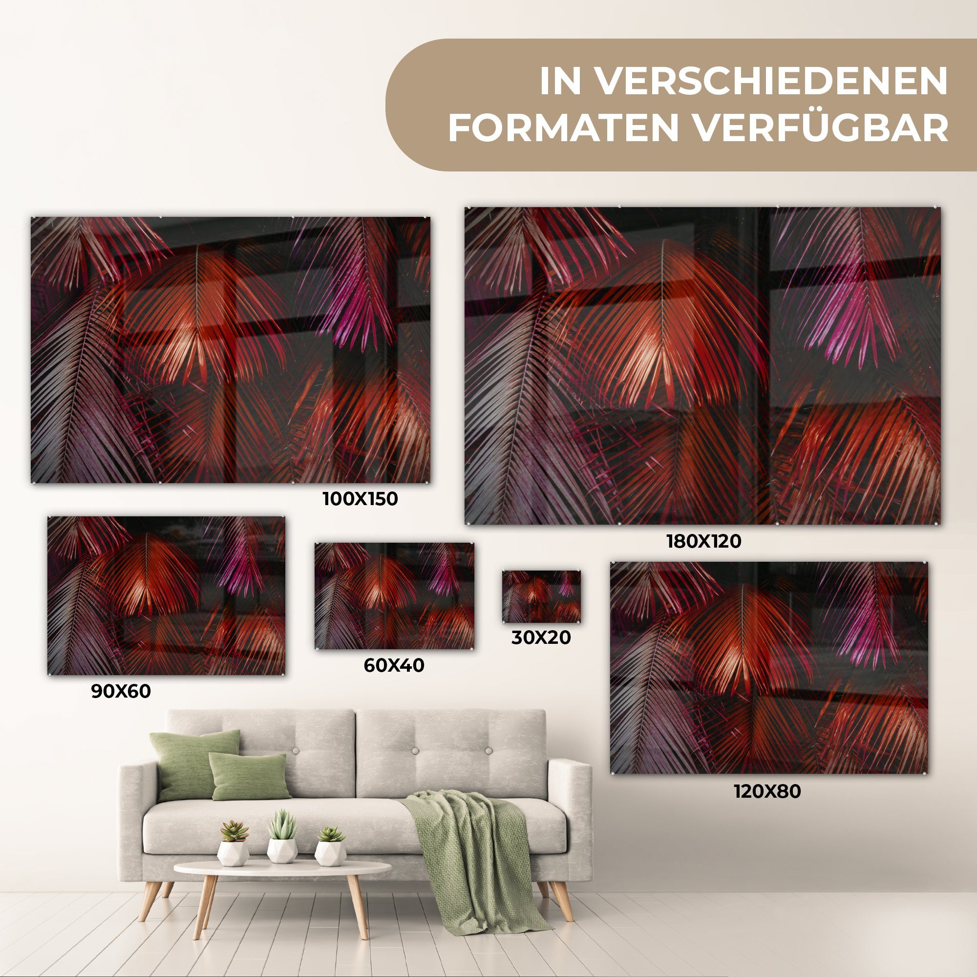 MuchoWow & Wohnzimmer Rot, Palmenblatt Acrylglasbilder Dschungel - - Acrylglasbild Schlafzimmer (1 St),