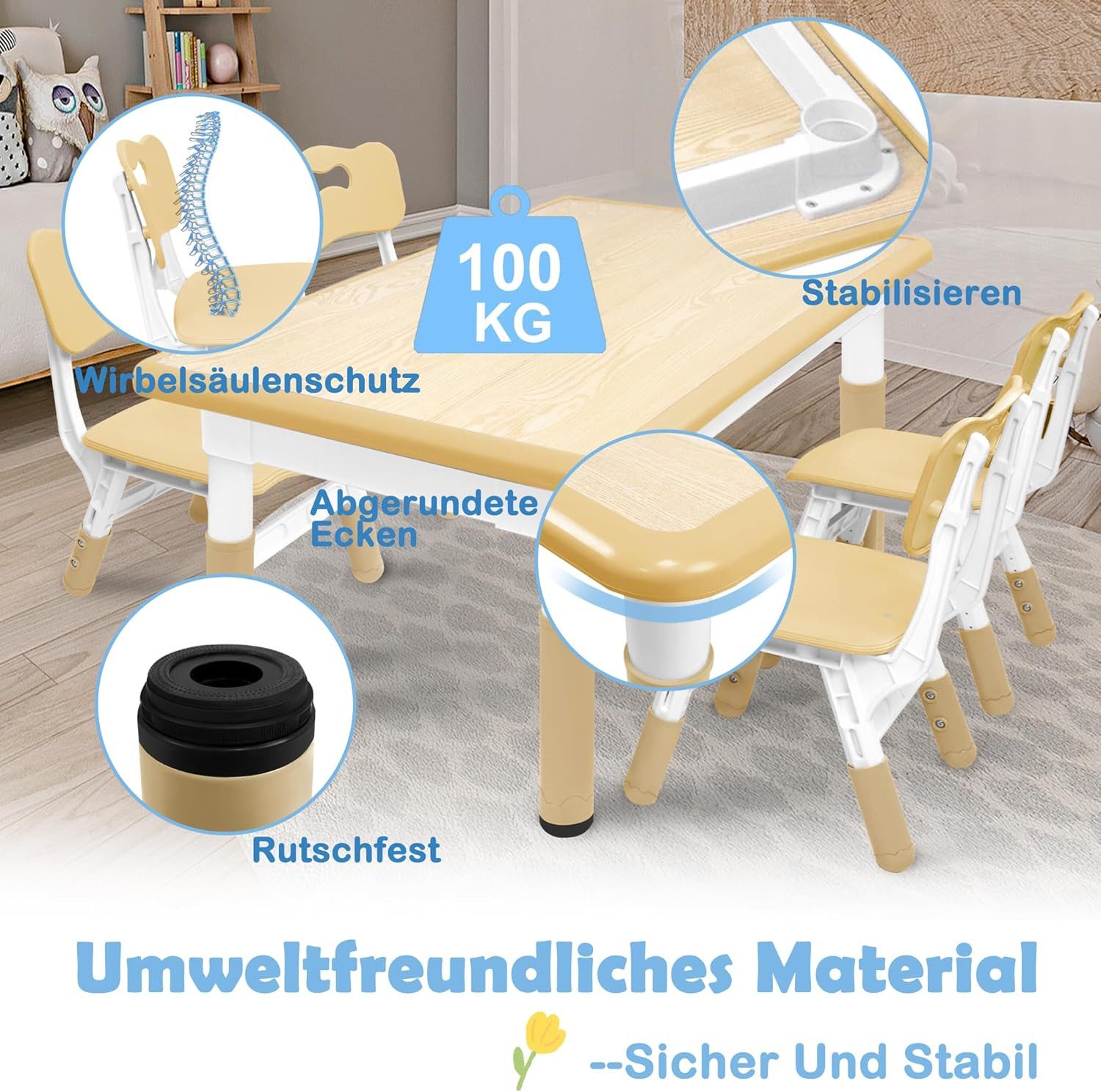 FIVMEN Kindersitzgruppe Kindertisch 4 Stühlen Set Höhenverstellbar Kinderzimmer Möbel