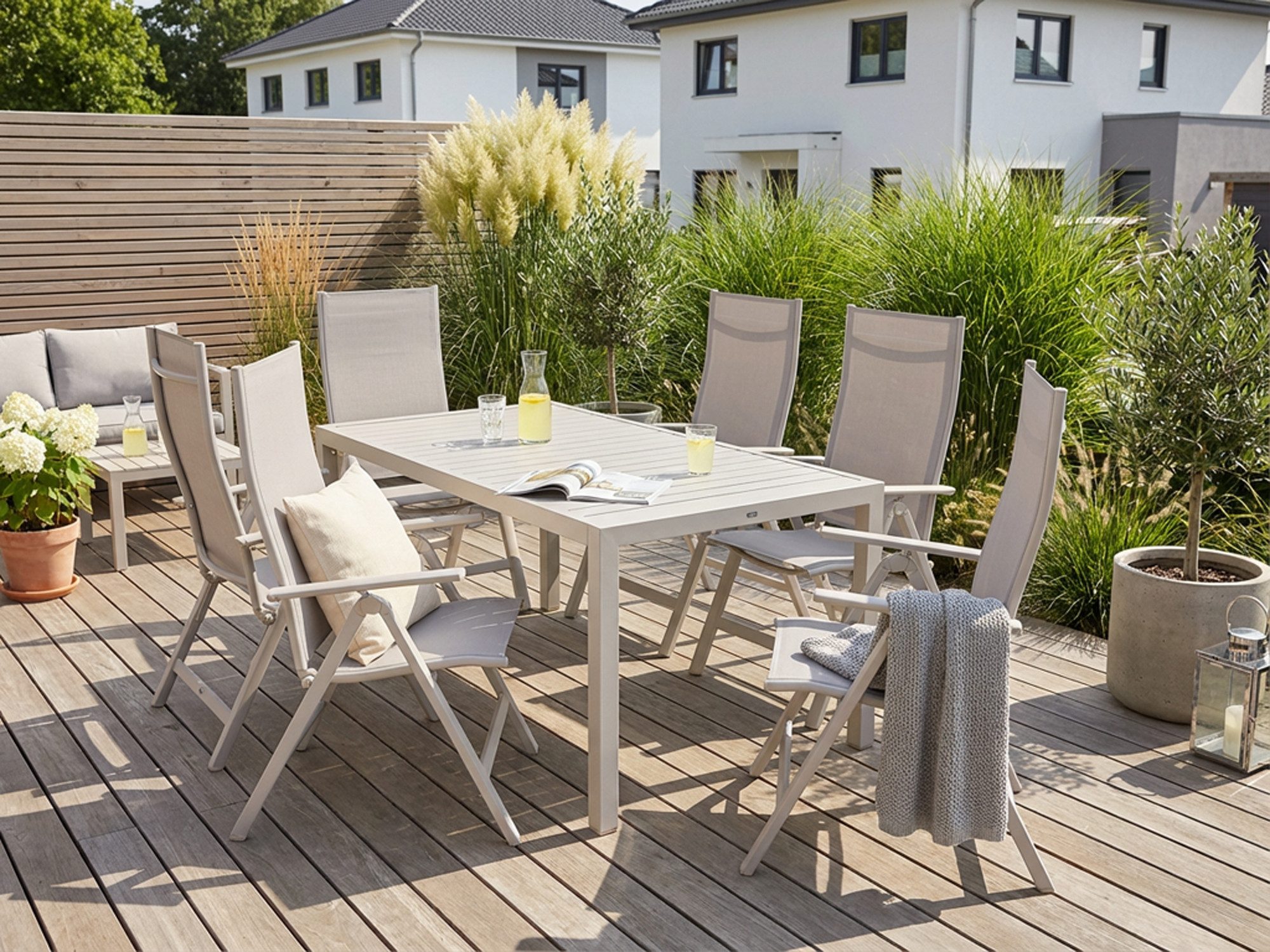 KONIFERA Garten-Essgruppe Messina, (Set, 7-tlg., 6x Sessel, 1x Tisch 160x90x74 cm, Aluminium, Textilgewebe), klappbar, 7-fach verstellbare Rückenlehne, Tischplatte aus Alulatten