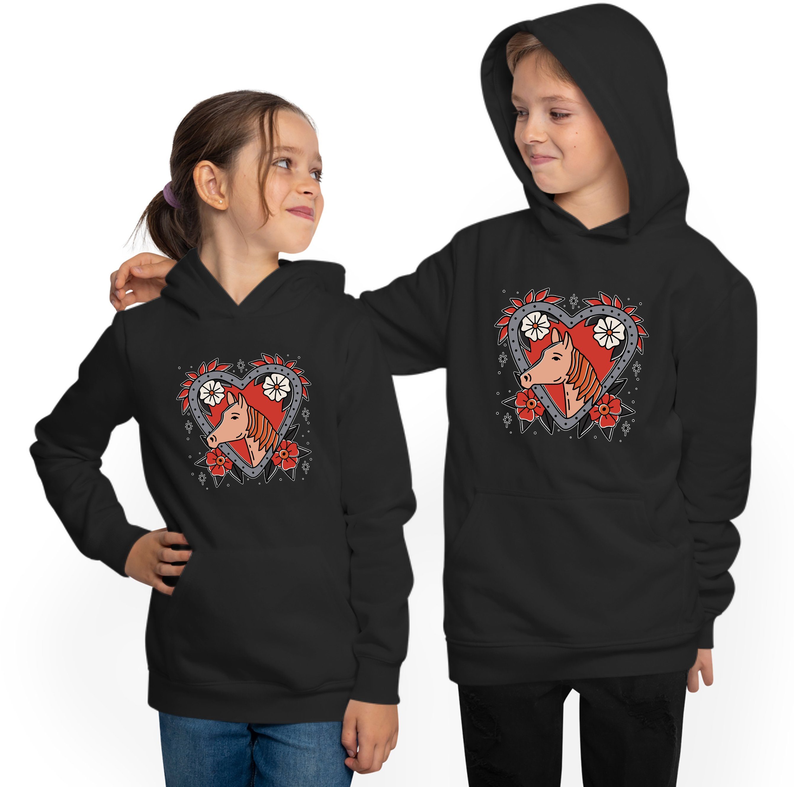 Aufdruck, Hoodie - i137 Herz Pferdekopf mit Sweatshirt mit MyDesign24 rotes Pferde Hoodie Kinder Kapuzen Kapuzensweater