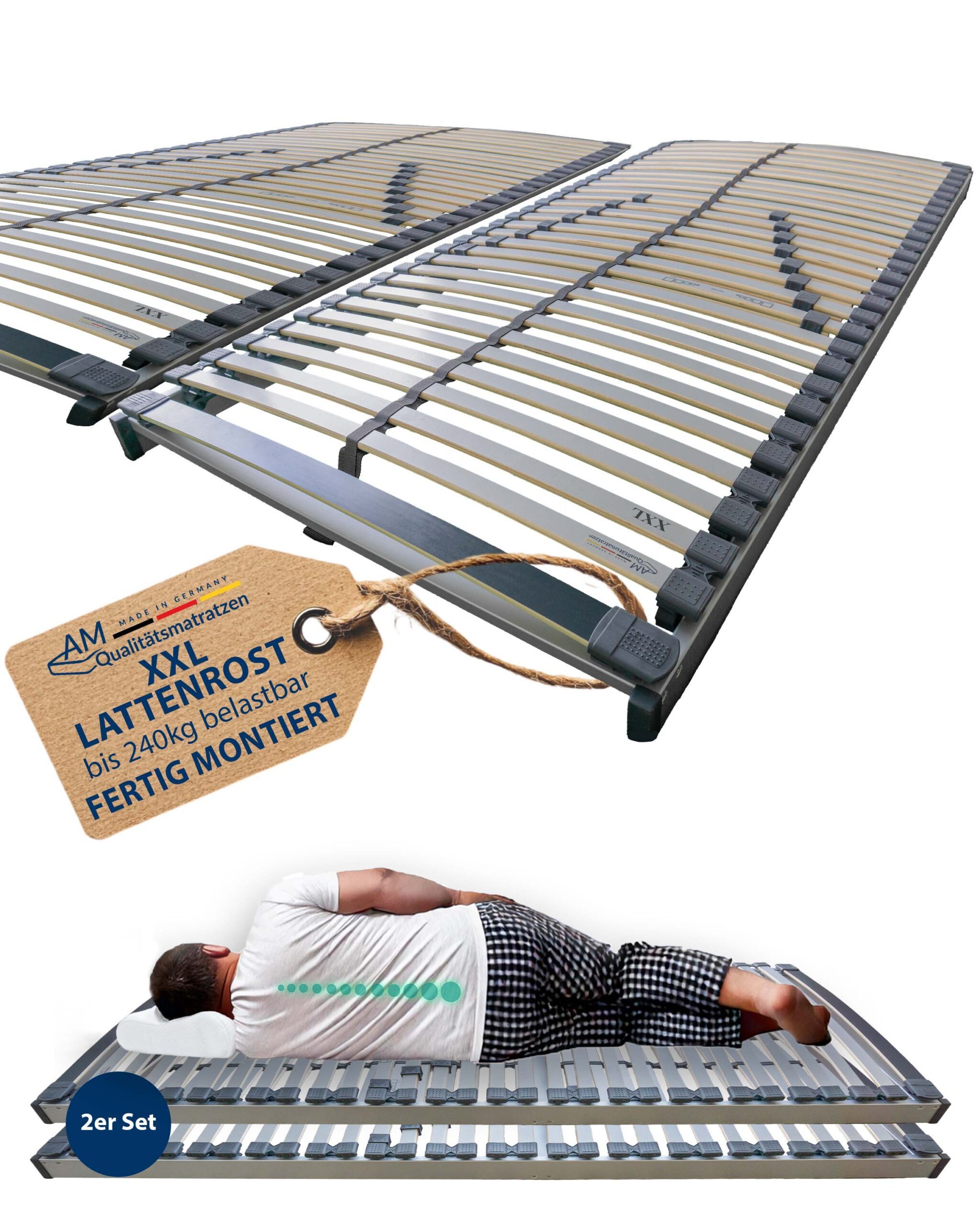 Lattenrost Stabiler XXL 7-Zonen Lattenrost bis 240 kg belastbar, Fertig Montiert, AM Qualitätsmatratzen, 160x190 cm
