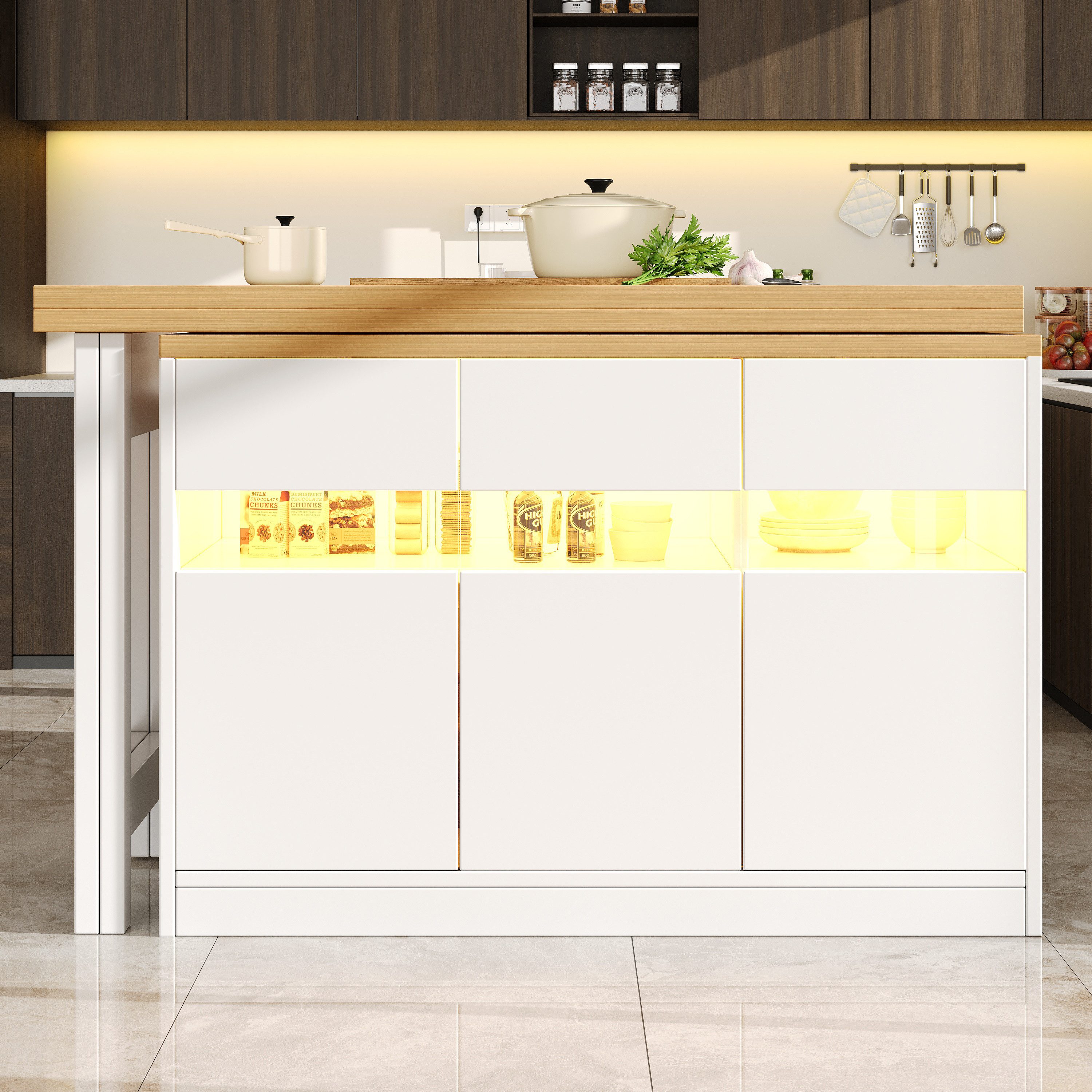 Flieks Kücheninsel Küchenschrank mit 360° drehbarer und klappbarer Arbeitstisch, (Holzoptik Tischplatte Tiefe 40-80cm, Längenverstellbar 120-180cm), ausziehbarer Esstisch & Mehrzweckschrank mit Led-Beleuchtung Weiß