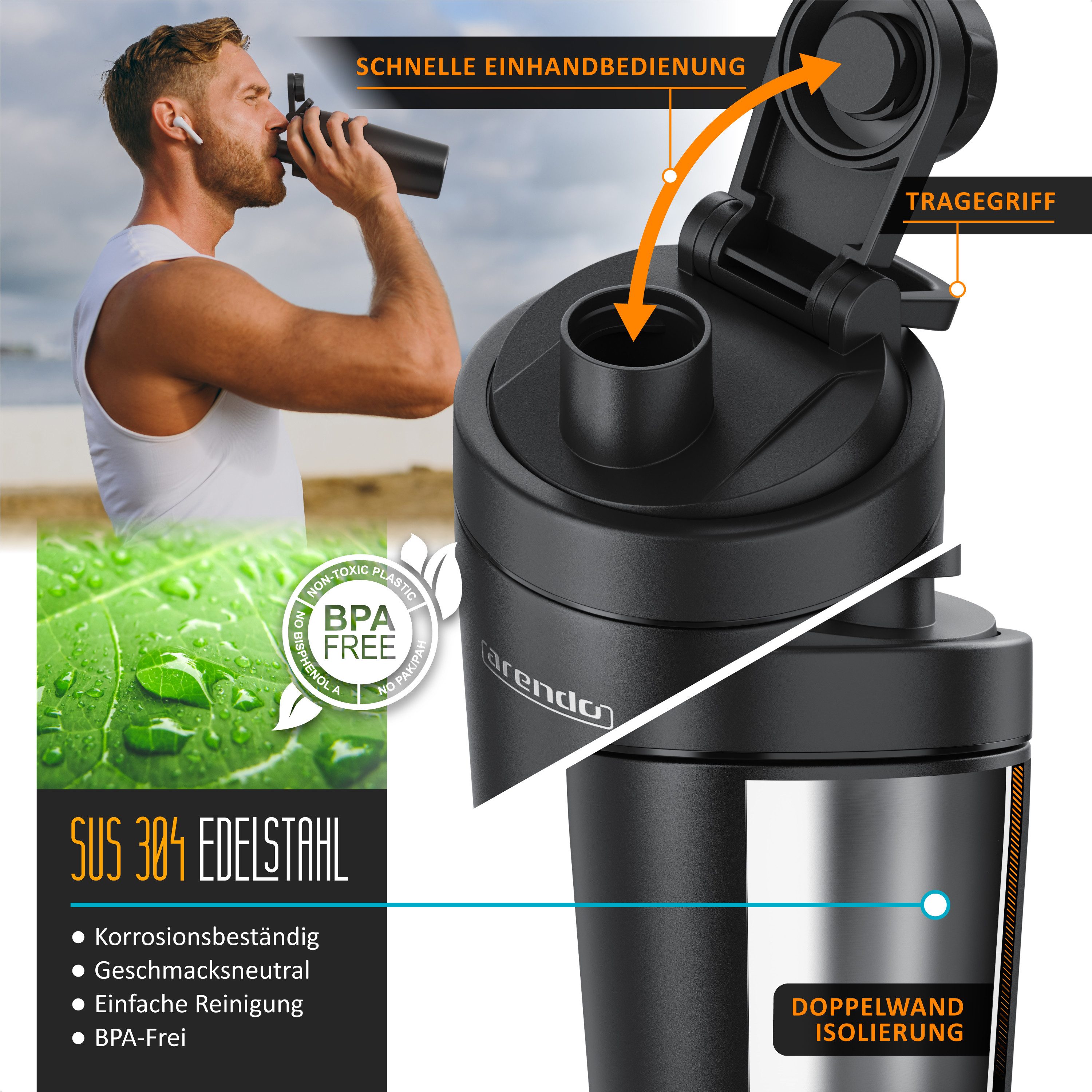 Arendo Protein Shaker Edelstahl Eiweißshaker 600 ml, verschließbar, spülmaschinengeeignet, Edelstahl, (4-tlg), Eiweiß Mixbecher, BPA-frei, für unterwegs, Yoga, Fitness, Sport