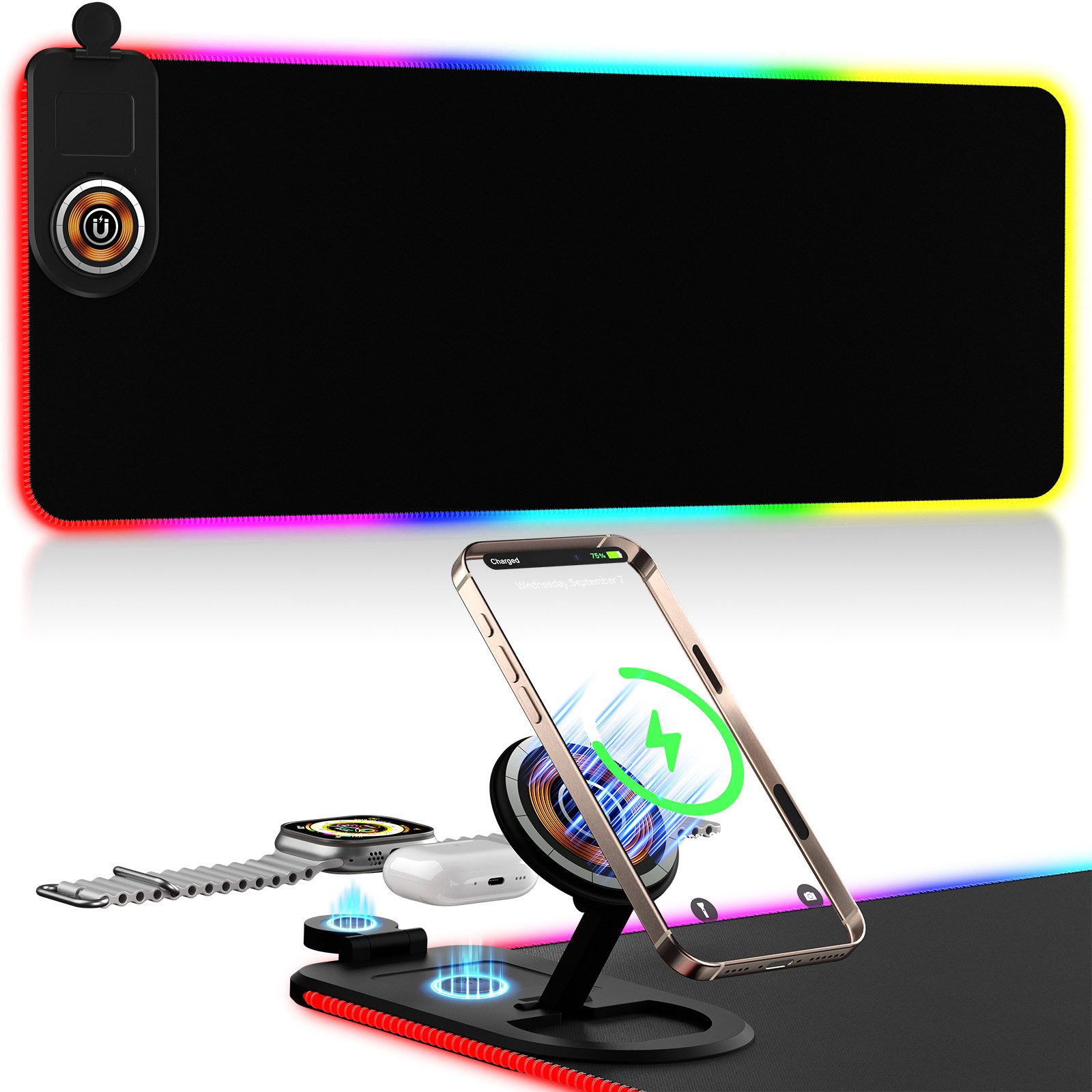 Yuede Gaming Mauspad RGB 3-IN-1-Ladefunktio Mousepad,14 Beleuchtungsmodi (mit 15W Schnellladung Qi Kabelloses Laden für iPhone Handy,Kopfhörer, Apple Watch, Wasserdicht), Rutschfest für Gaming, Schreibtische, 800 x 300 mm