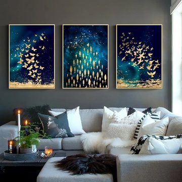 TPFLiving Kunstdruck (OHNE RAHMEN) Poster - Leinwand - Wandbild, Goldene Fische und Schmetterlinge auf blauem Hintergrund - (7 verschiedene Größen zur Auswahl - Auch im günstigen 3-er Set), Farben: Gold, Blau - Größe: 13x18cm