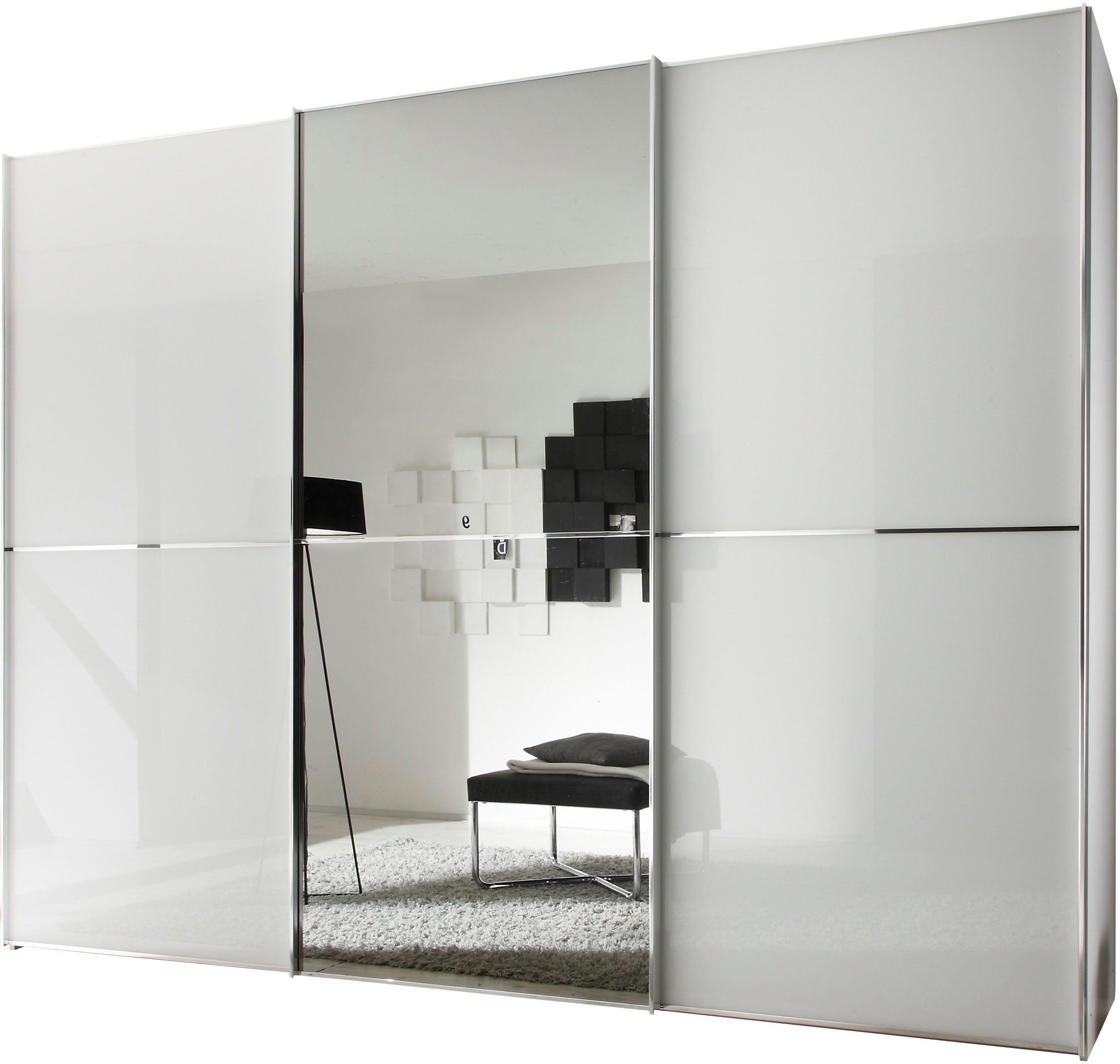 STAUD Schwebetürenschrank Plus vier | Weiß kombinierter Ausstattungsvarianten Glas-Spiegel-Front und Sinfonie Alpinweißglas Mit Dekor