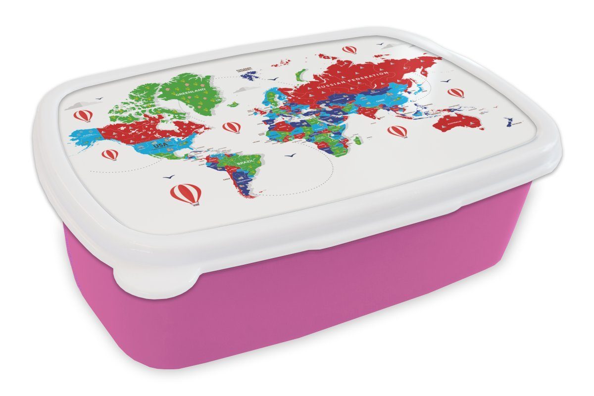 MuchoWow Lunchbox Weltkarte - Farben - Luftballon, Kunststoff, (2-tlg), Brotbox für Erwachsene, Brotdose Kinder, Snackbox, Mädchen, Kunststoff rosa