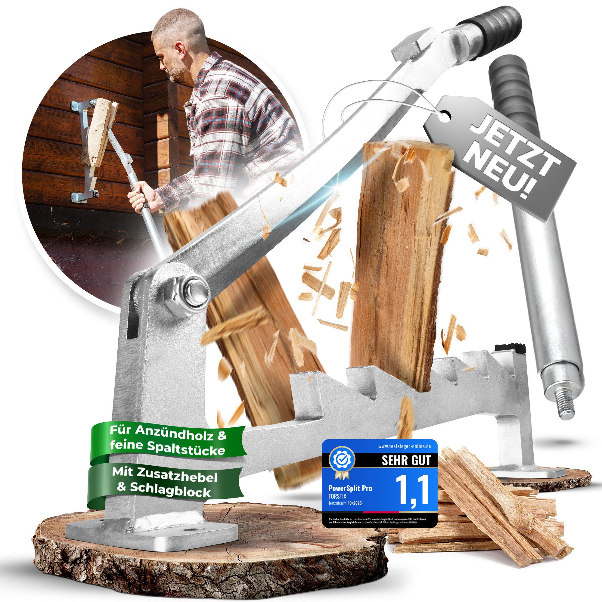 FORSTIX® Разделитель бревен manuell [Wandmontage] mechanischer Handholzspalter Spanmesser, Spaltgutlänge bis 34 cm, (Packung), Kaltverzinkter Stahl, Doppelgriff, Wandmontage