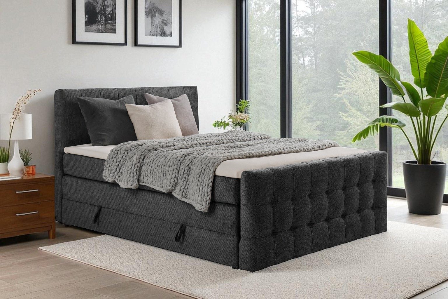 KS Home Concept Boxspringbett mit Bettkasten IMPERIAL 160x200 cm, Pocket Matratze H4 - Grau (Bett + Topper), Boxspringbett mit 2 Bettkästen, Topper & Härtegrad H3/H4