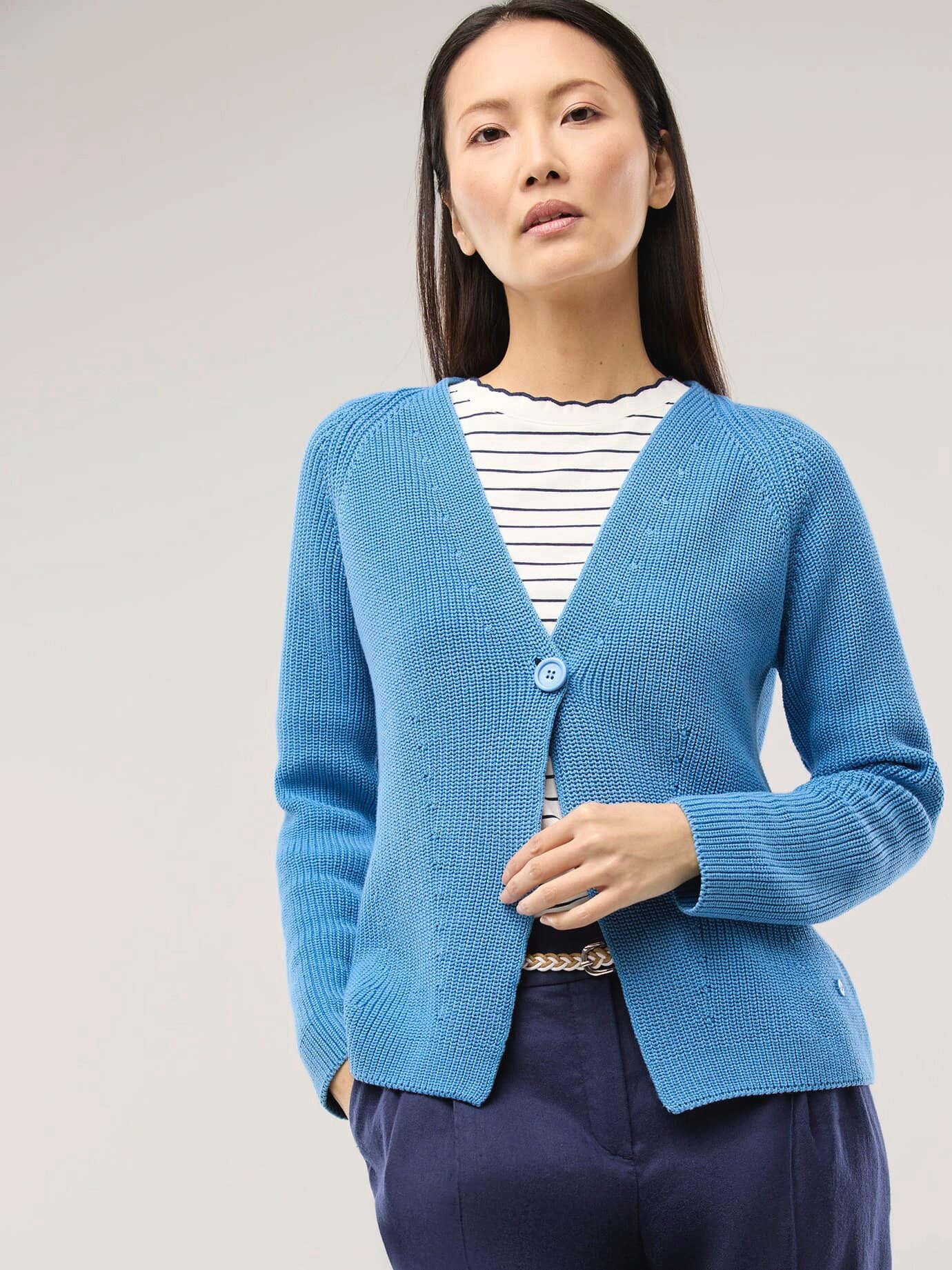 Walbusch Strickjacke Damen Strickjacke in Patentstrick V-Ausschnitt Langarm Baumwolle Cardigan mit großem Knopf, pflegeleicht & atmungsaktiv, Länge 62 cm