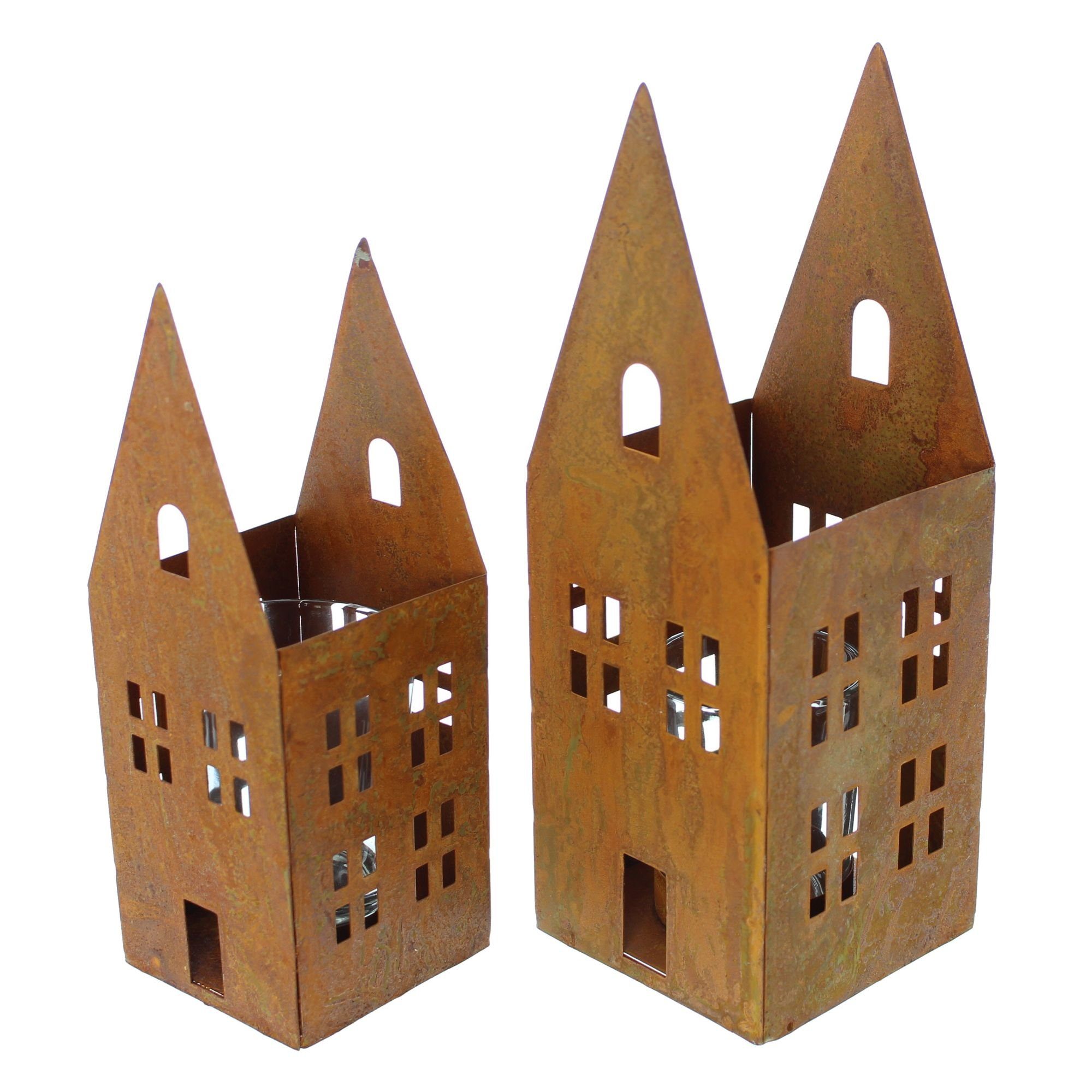 Dekoleidenschaft Teelichthalter "Haus" aus Metall in Rostoptik mit Windlichtglas, Kerzenhalter, (2 St., im Set), Windlicht, Tischdeko für Wohnzimmer, Balkon & Garten