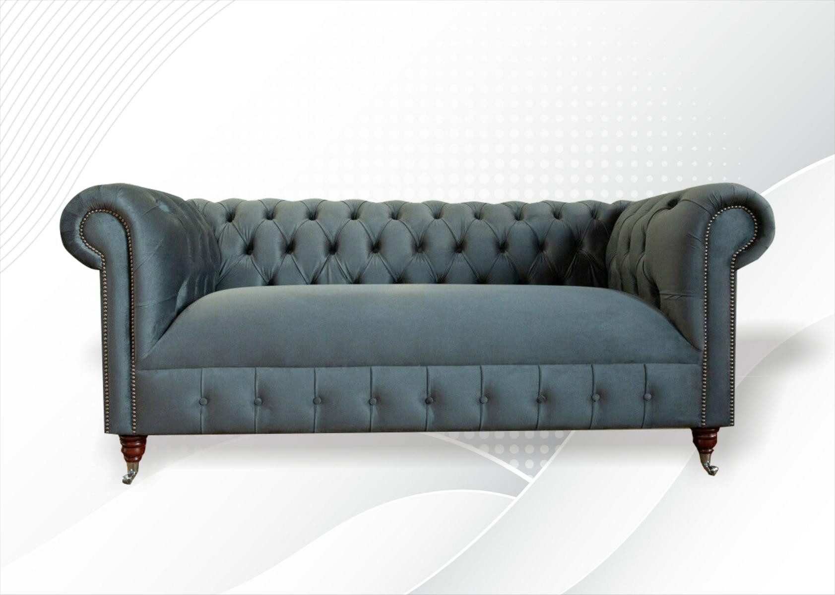 Chesterfield-Sofa Grau Echtleder Sofa mit Holzfüßen und hochwertiger Polsterung