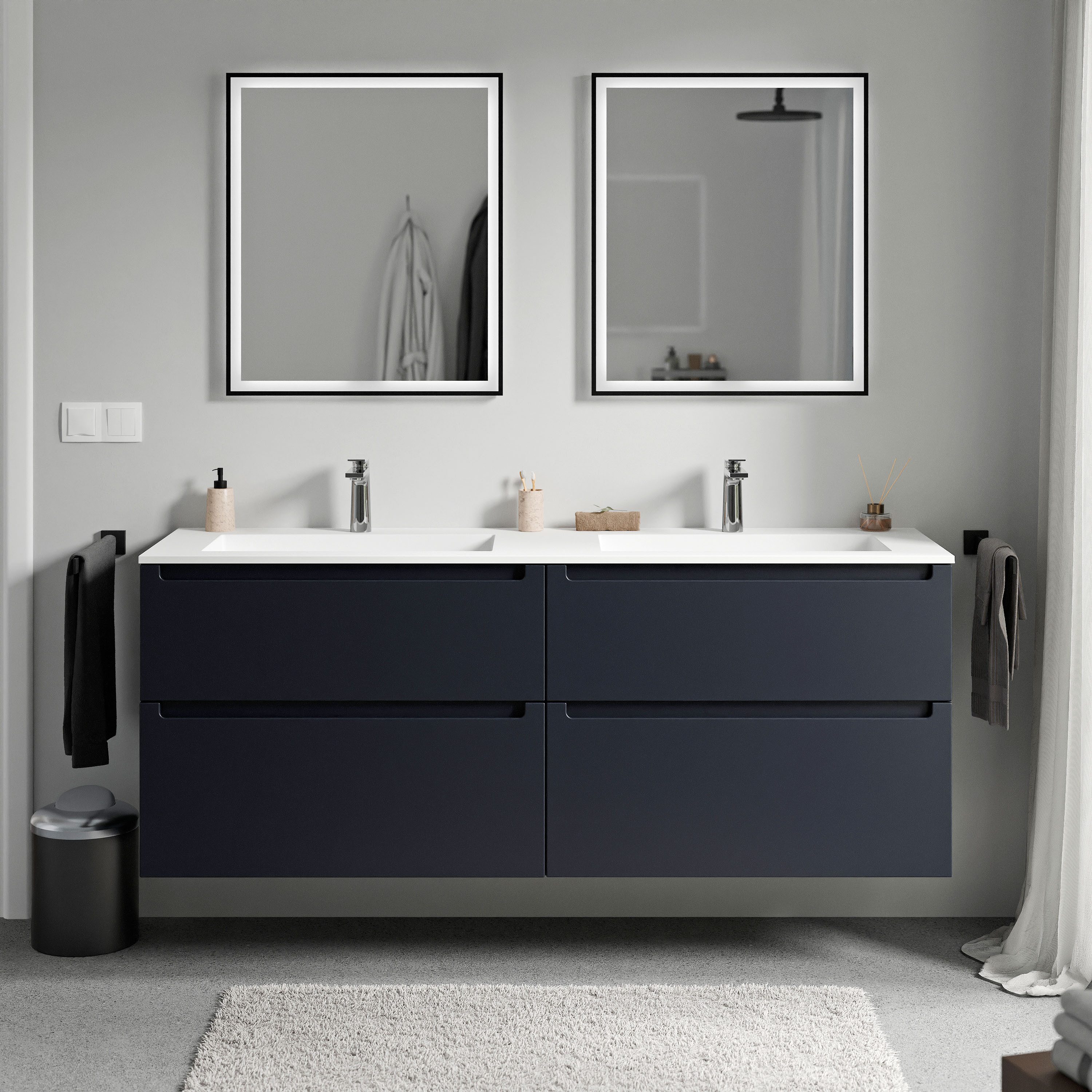Bernstein Waschbeckenunterschrank VIREO 160cm Mitternachtsblau matt BRUXELLES Weiß matt Waschtischunterschrank mit Doppelwaschbecken 4 Schubladen