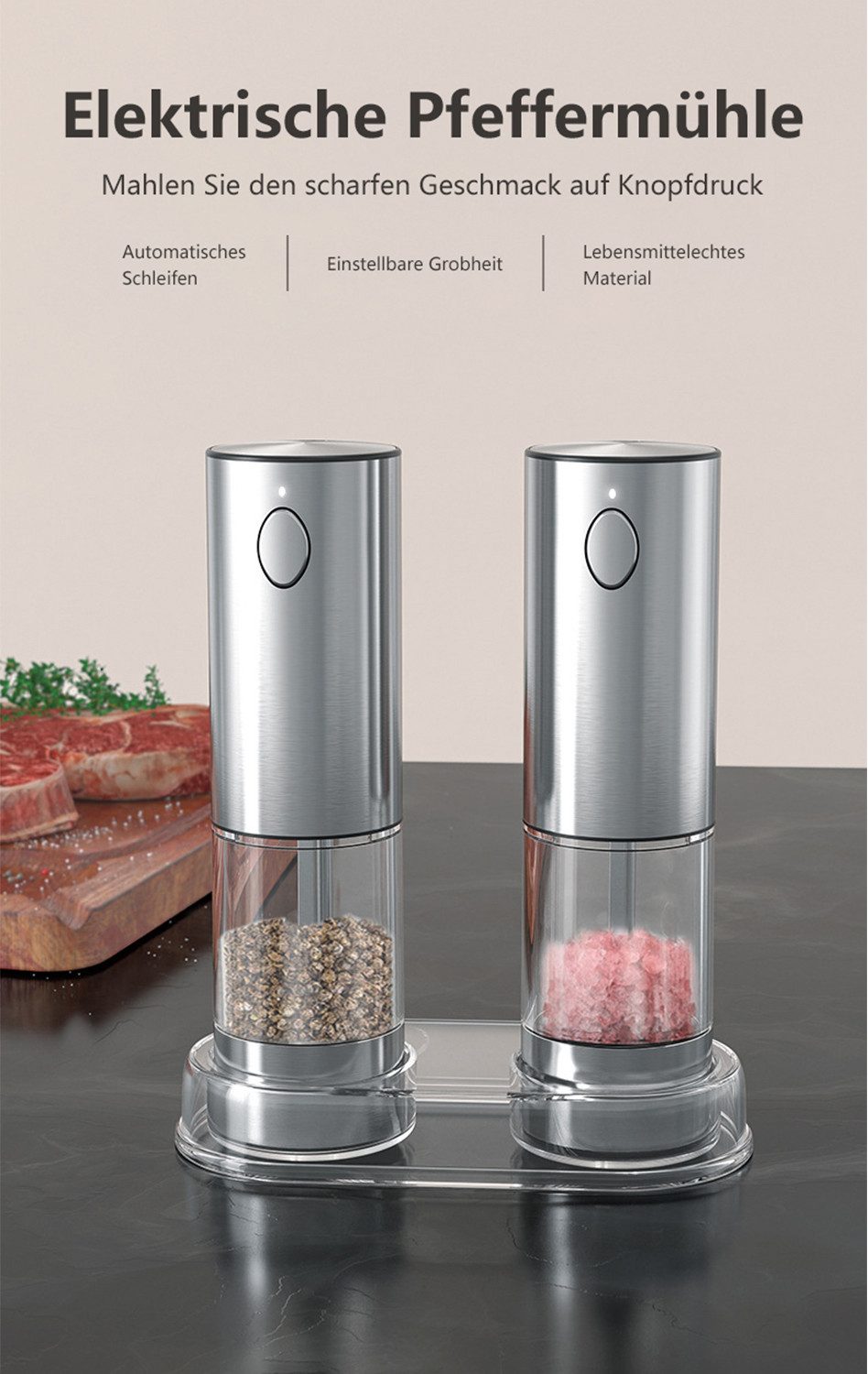 OYLCDI Salz-/Pfeffermühle Elektrische Salz- und Pfeffermühle 2er Set mit USB-C-Ladestation und einstellbarem Keramikmahlwerk