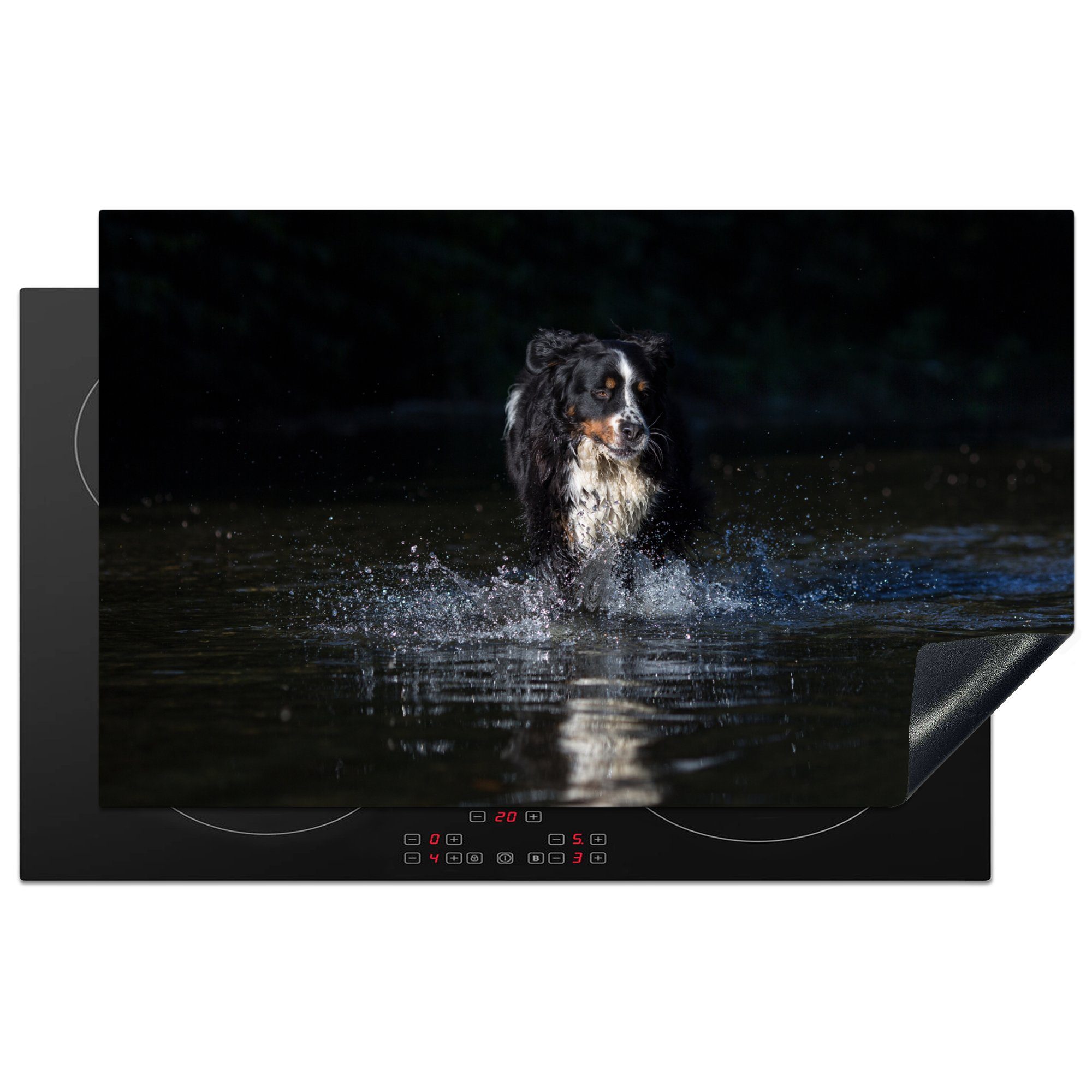 Herdblende-/Abdeckplatte tlg), Vinyl, Hintergrund, Arbeitsplatte für Hund (1 im cm, Wasser küche auf 83x51 MuchoWow Ceranfeldabdeckung, schwarzem